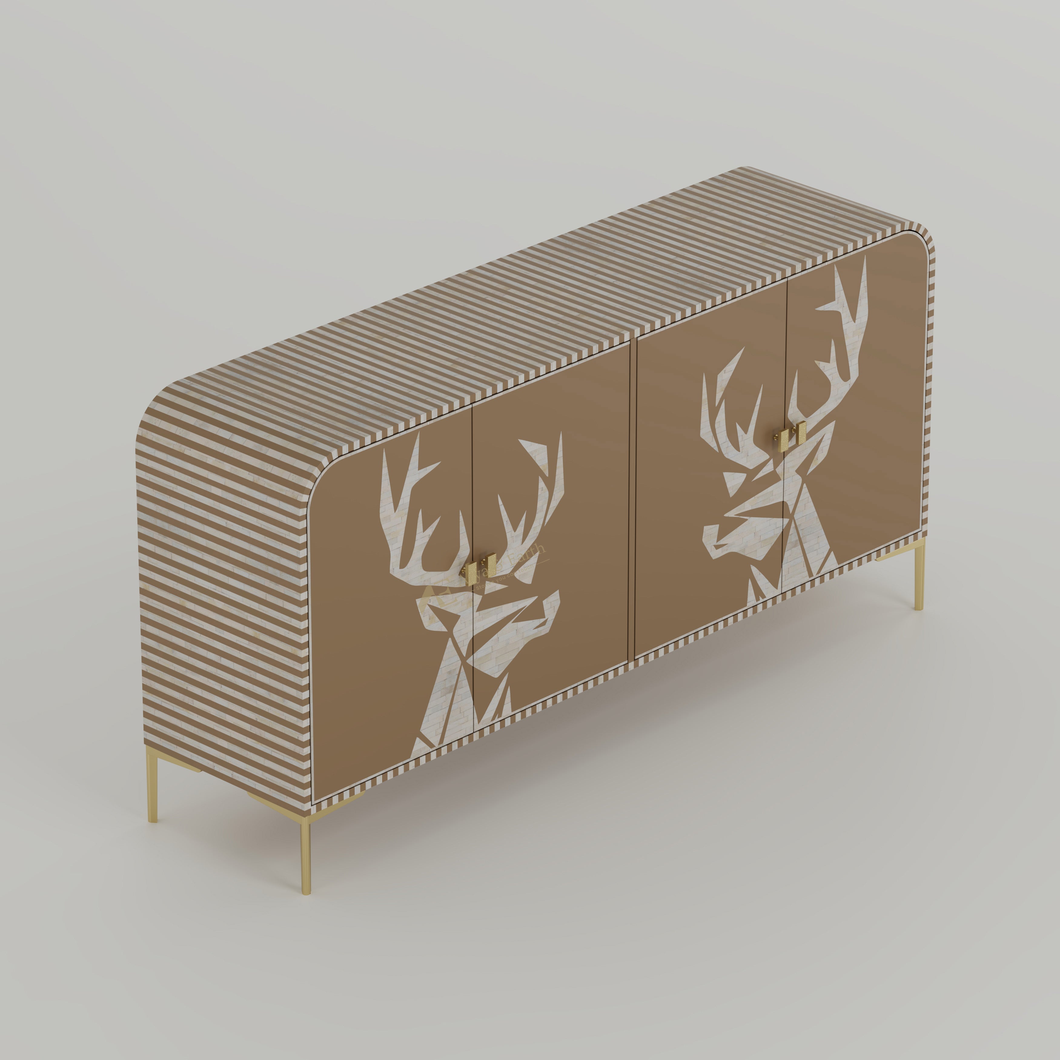 Bone inlay handmade Cabinet with deer head and stripe design, gold accents