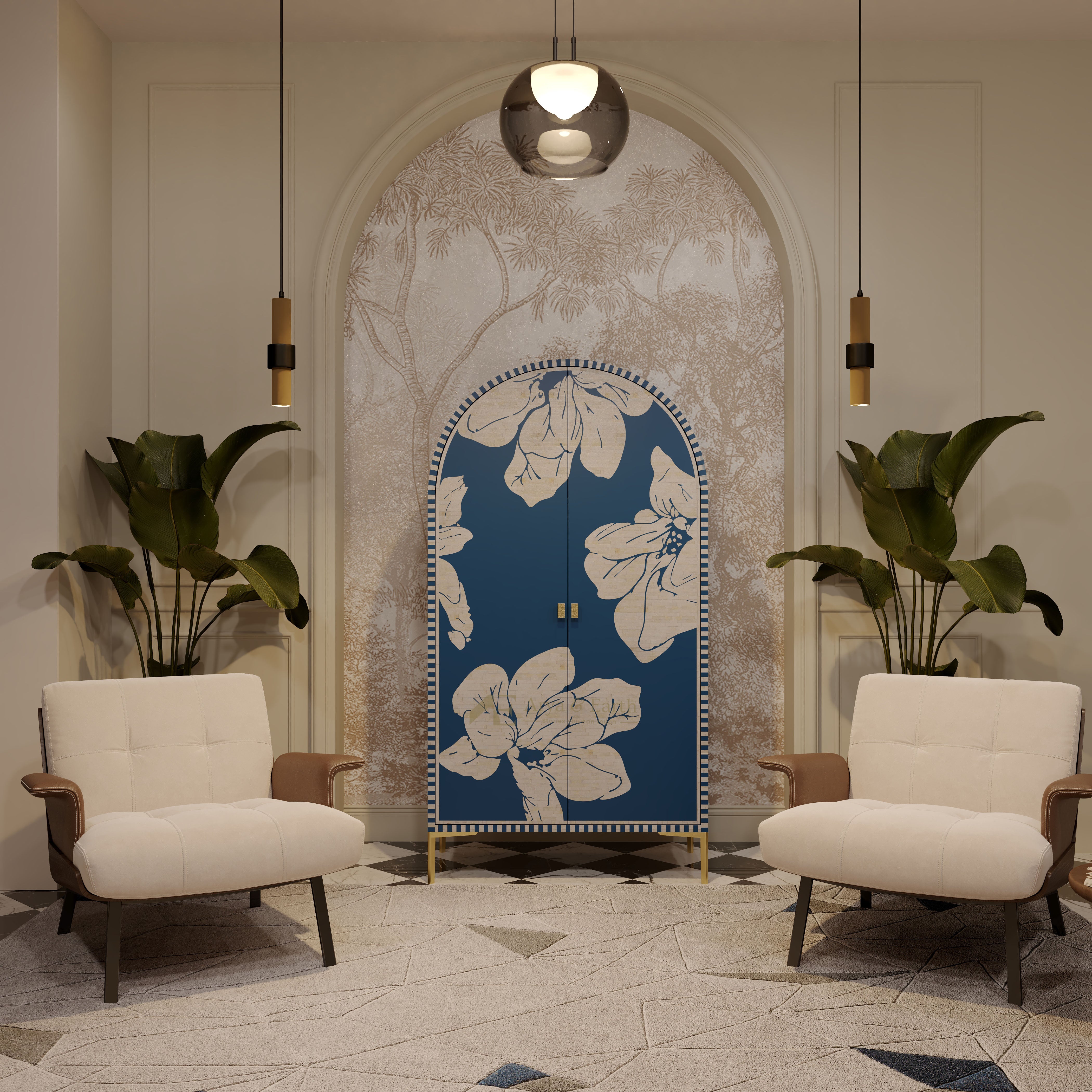 blue floral bone inlay cabinet in a cozy lounge room