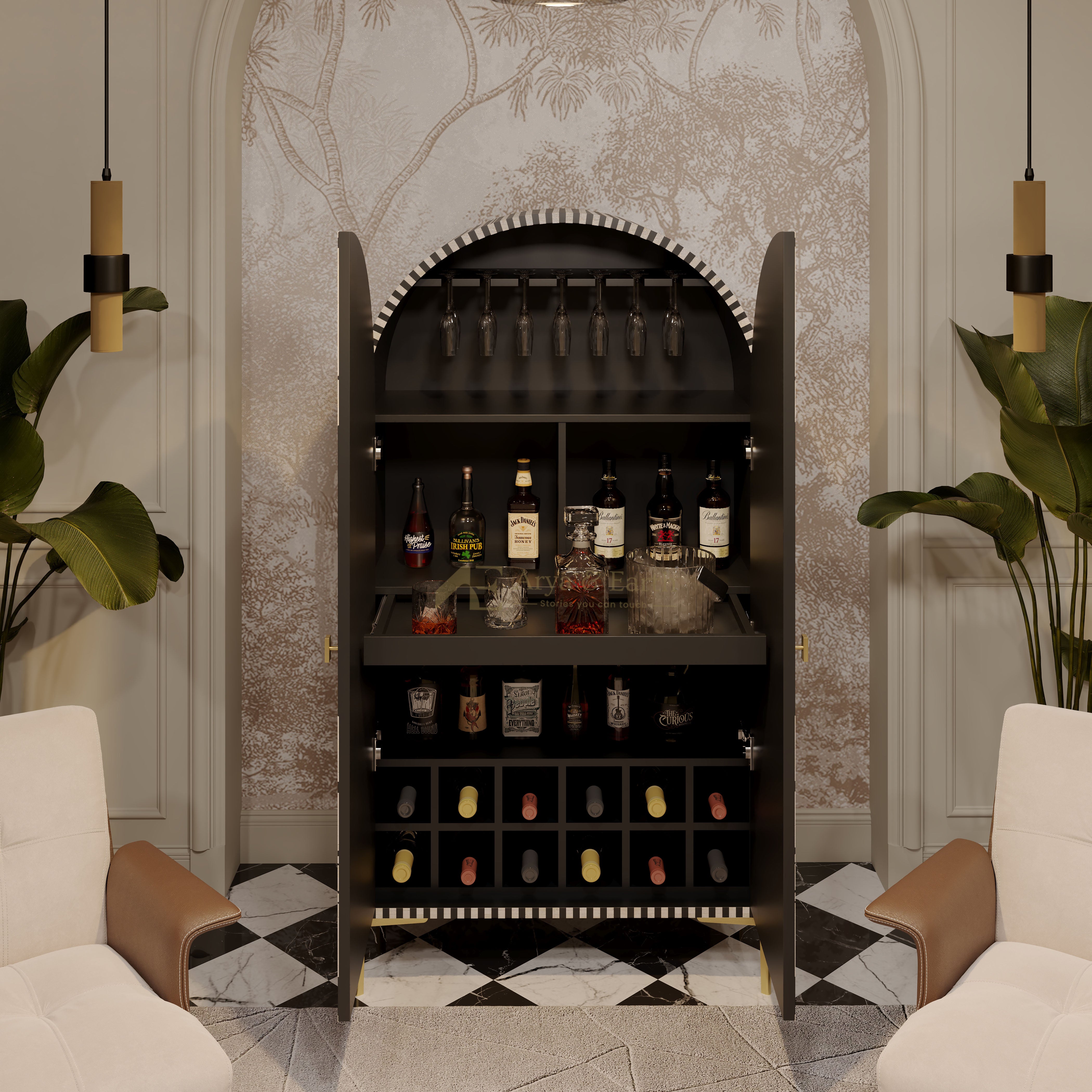 black bar cabinet interior with extendable shelf, wine glass rack and wine bottle storage