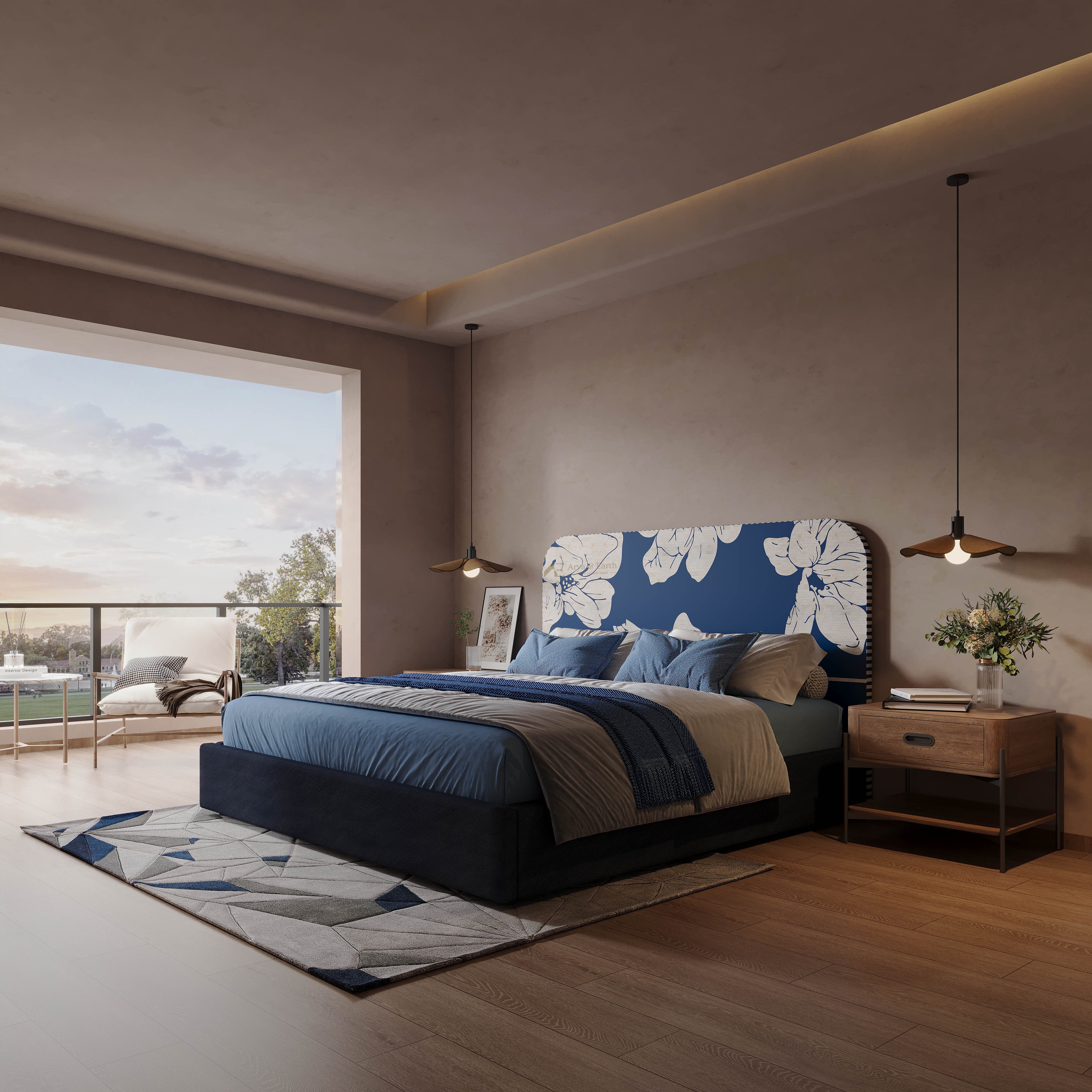 Modern luxury bedroom with a floral headboard and blue bedding