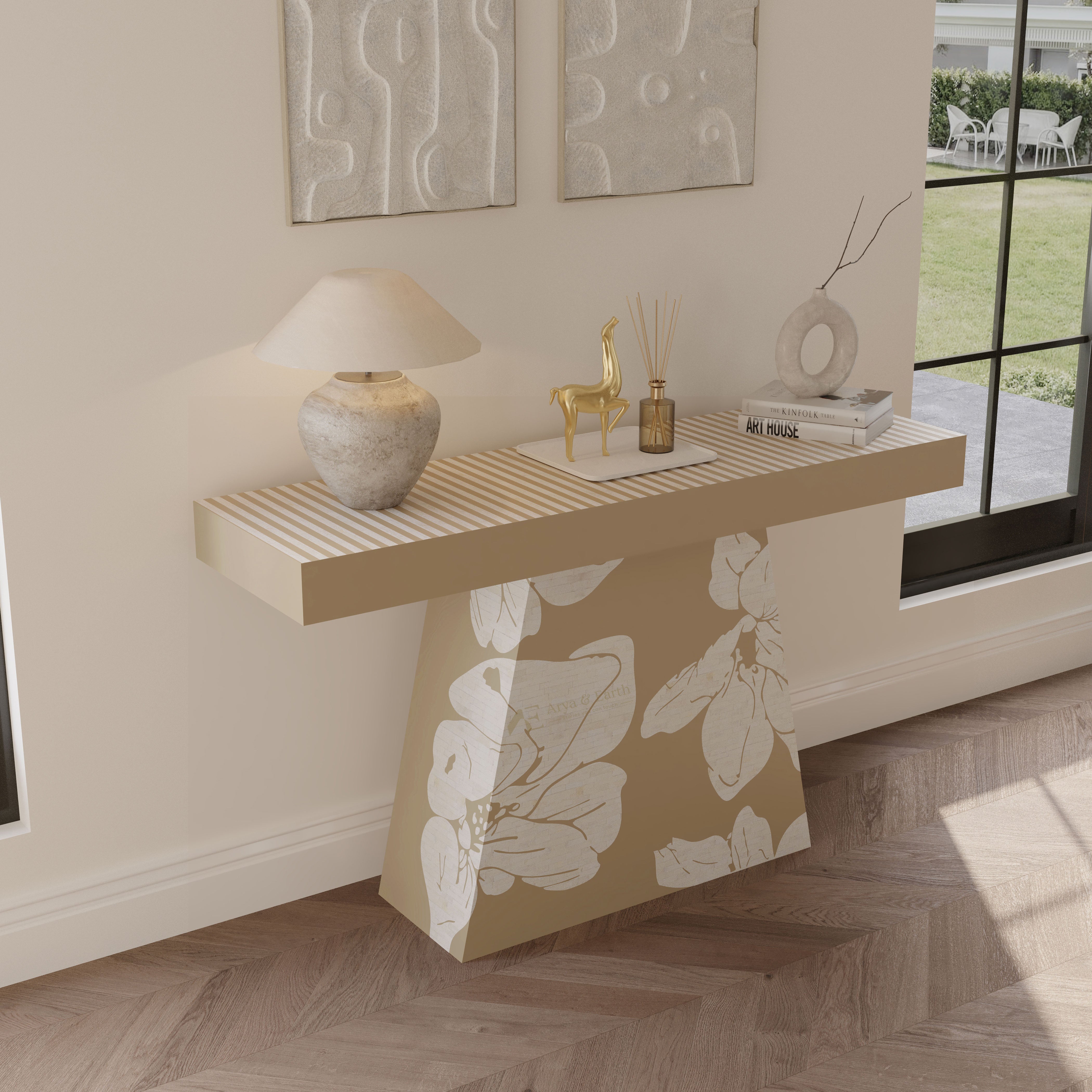 Bone inlay beige Console table with decorative items in a living room setting