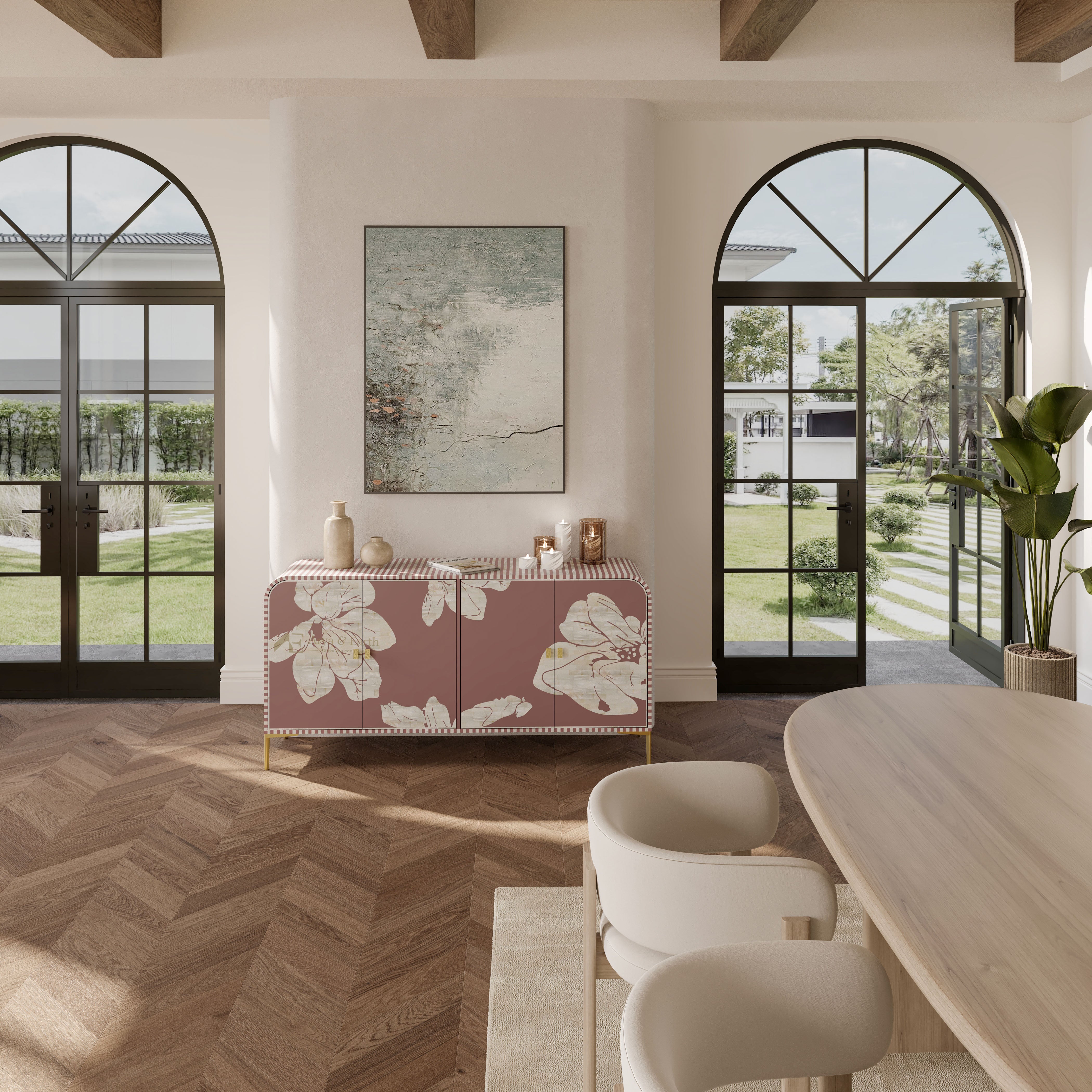 Luxury interior with a floral mother of pearl inlay console table in terracotta colour and large windows.