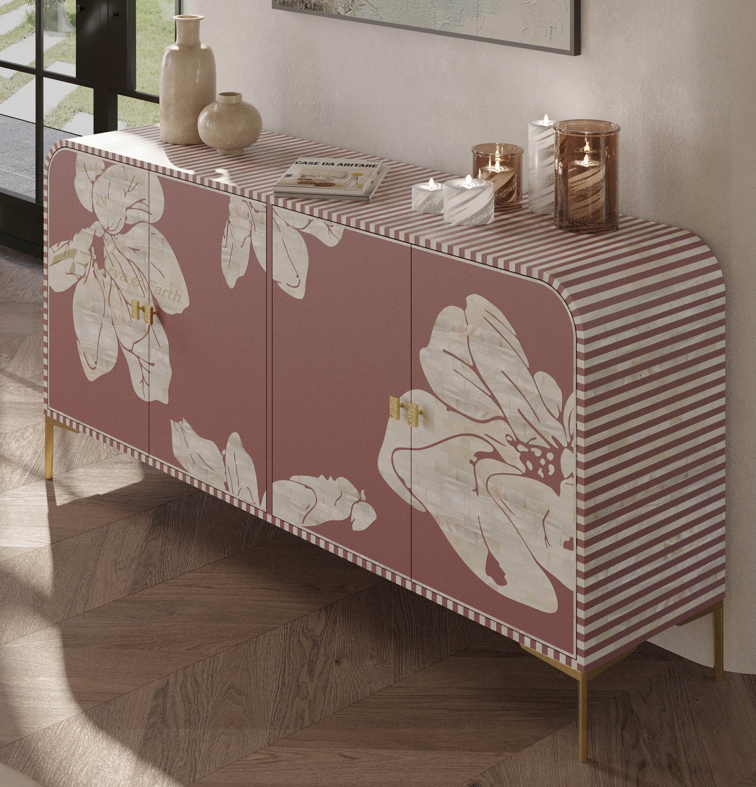 mother of pearl inlay sideboard with floral design in a living room setting