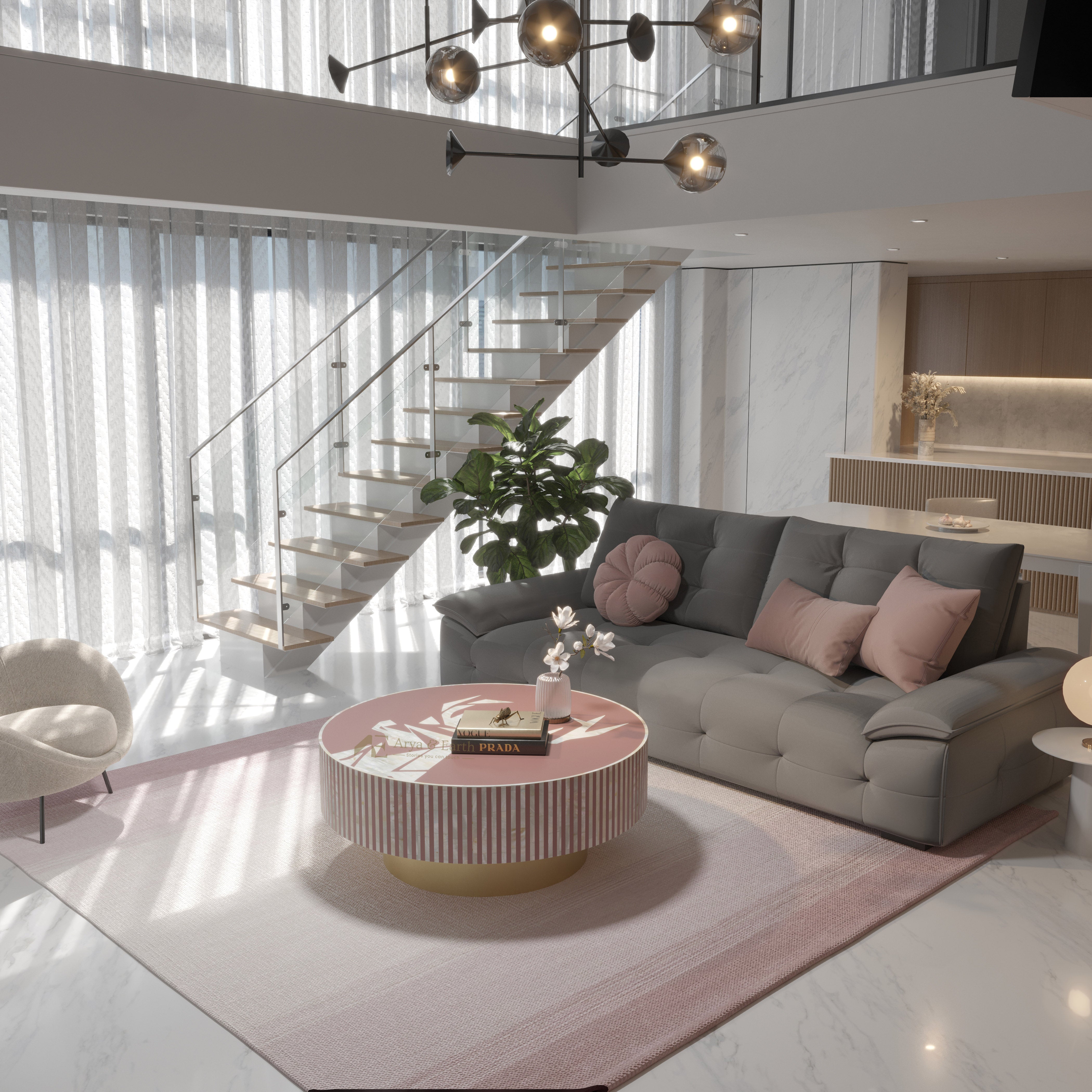 Modern living room with gray sofa, mother of pearl round coffee table, and staircase in the background