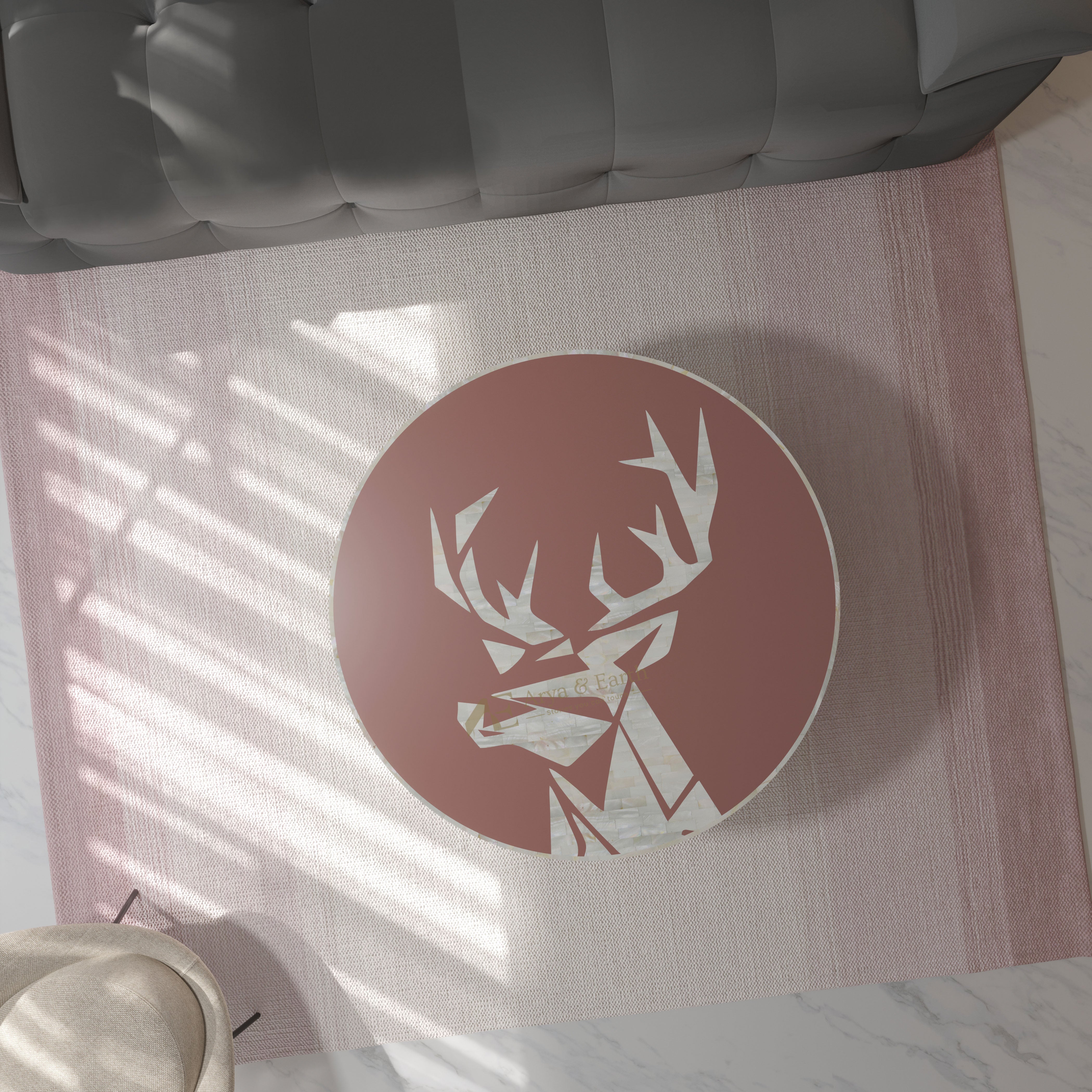 pearl inlay deer design coffee table in terracotta colour on a rug