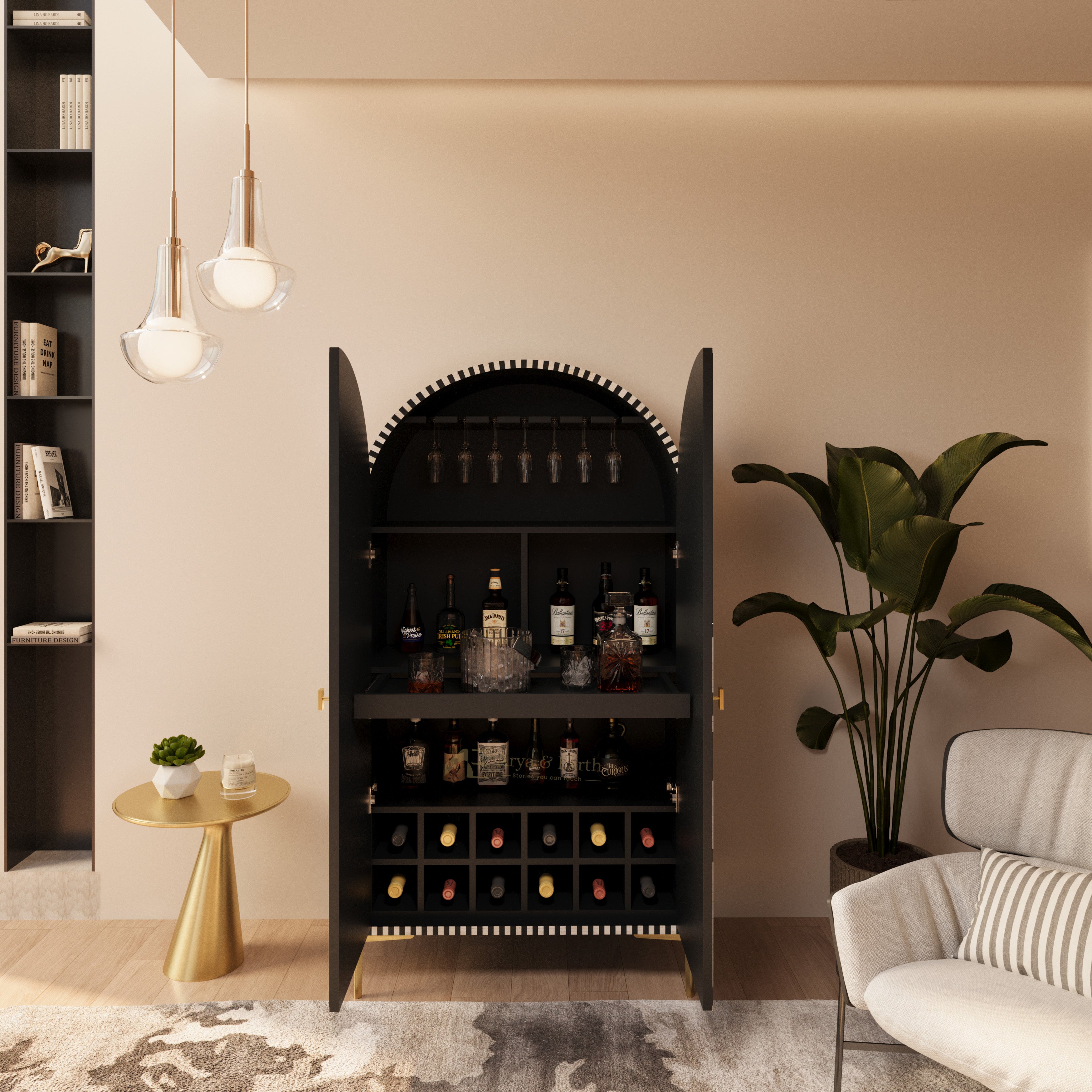 Open black wine cabinet in a modern room with decor elements.