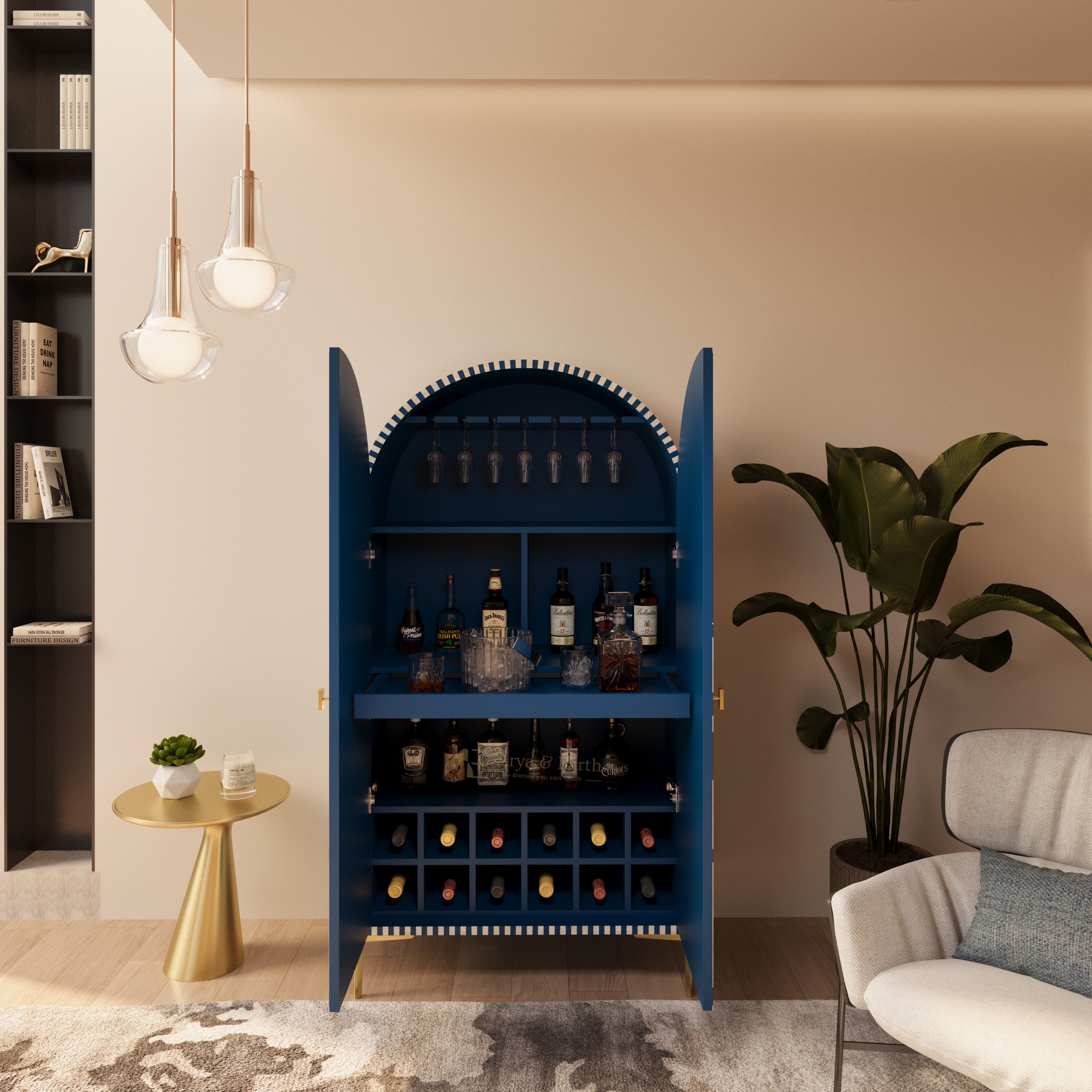 blue bar cabinet interior with extendable shelf, wine glass rack and wine bottle storage