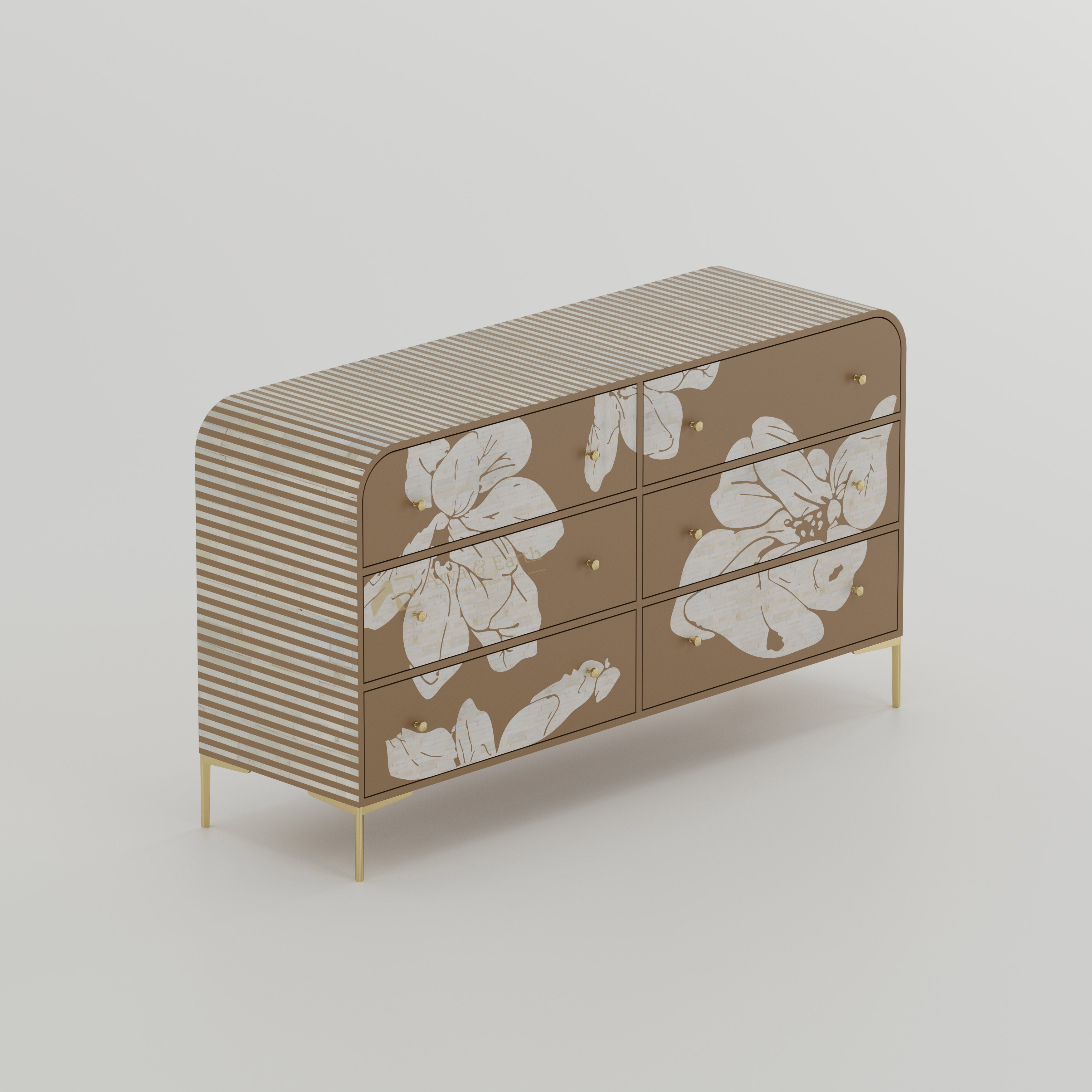 Bone inlay chest of drawers with floral pattern and gold accents