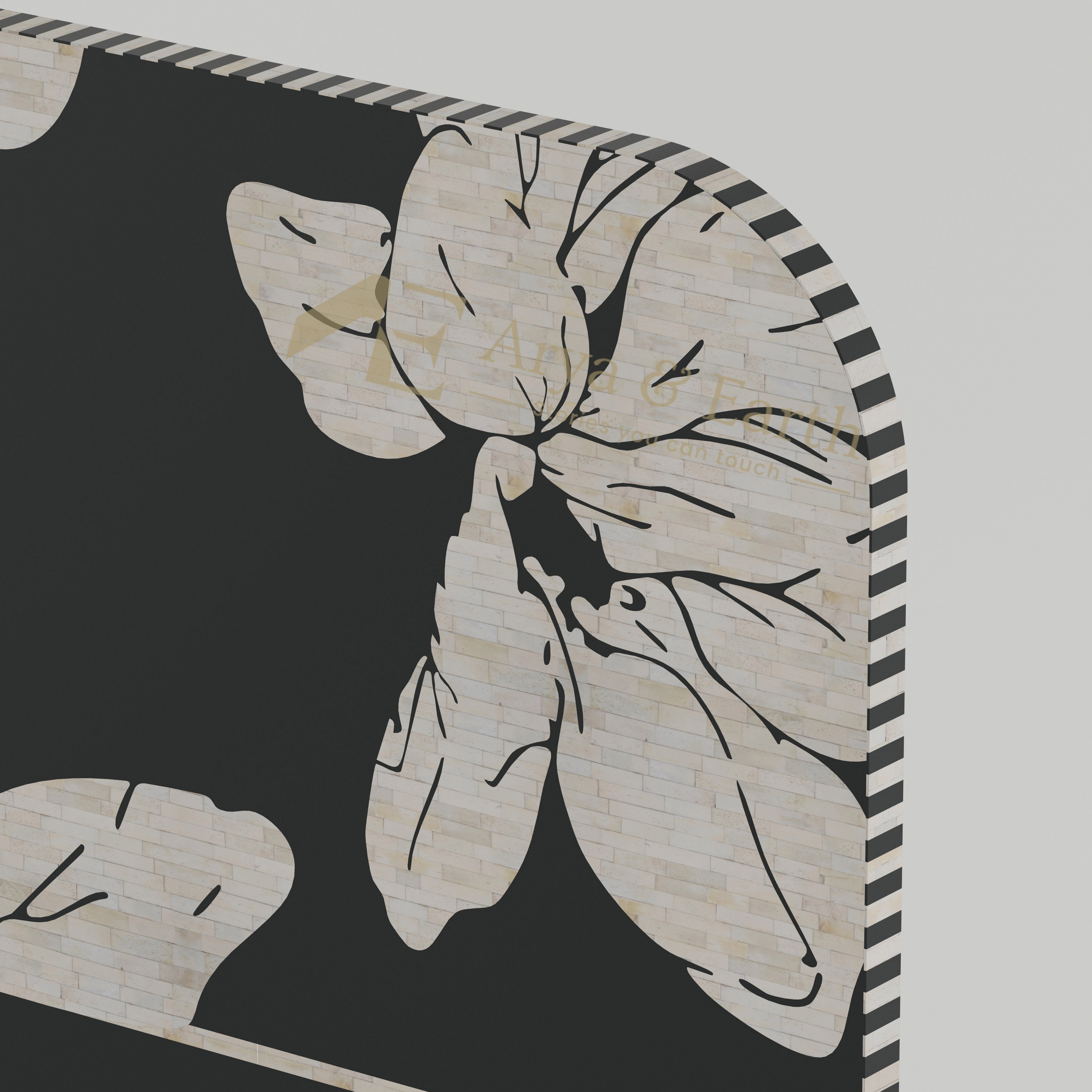 bone inlay floral pattern details on a head board