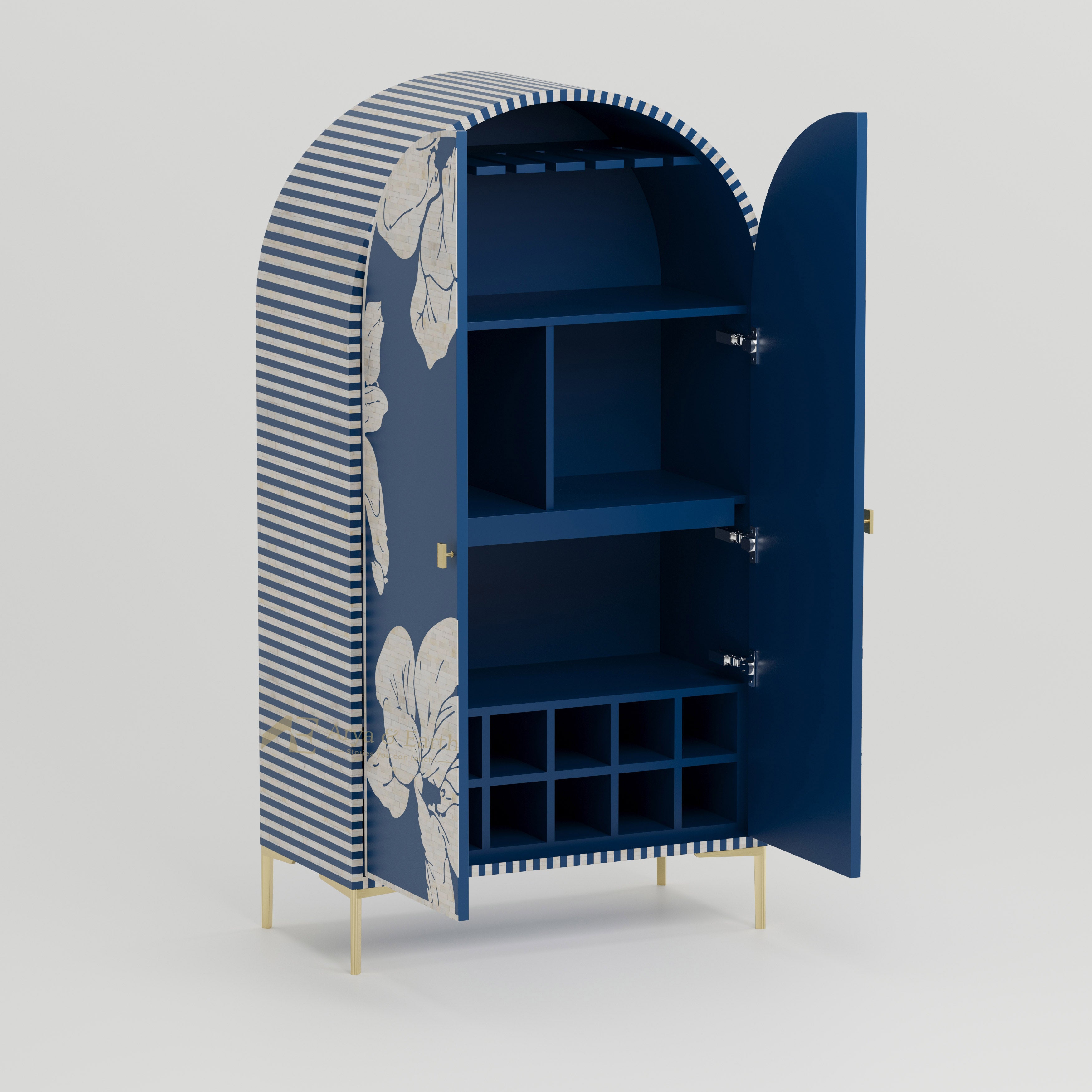 internal view of home bar cabinet navy blue