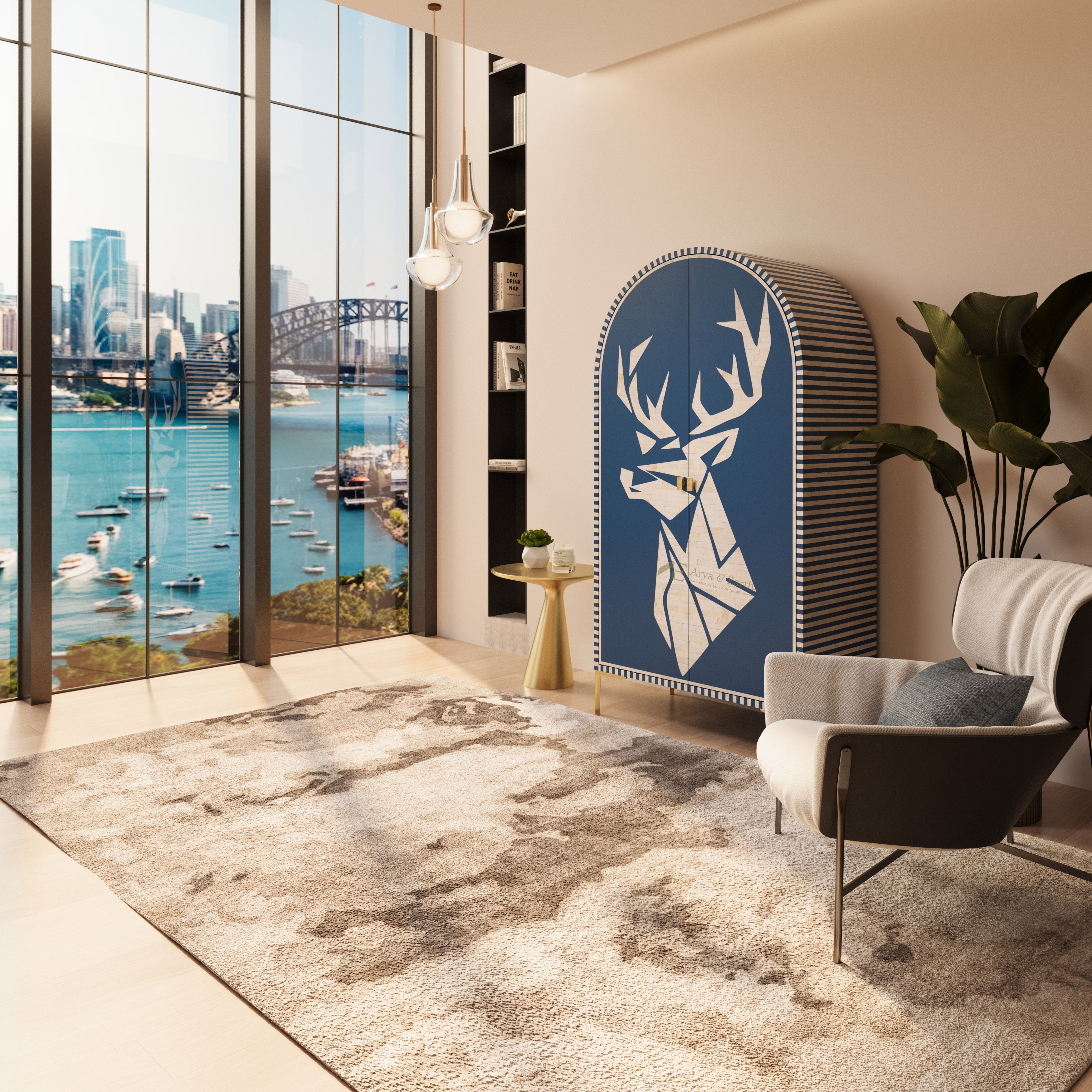 blue deer design bone inlay cabinet with gold accents in a living room of a luxury apartment