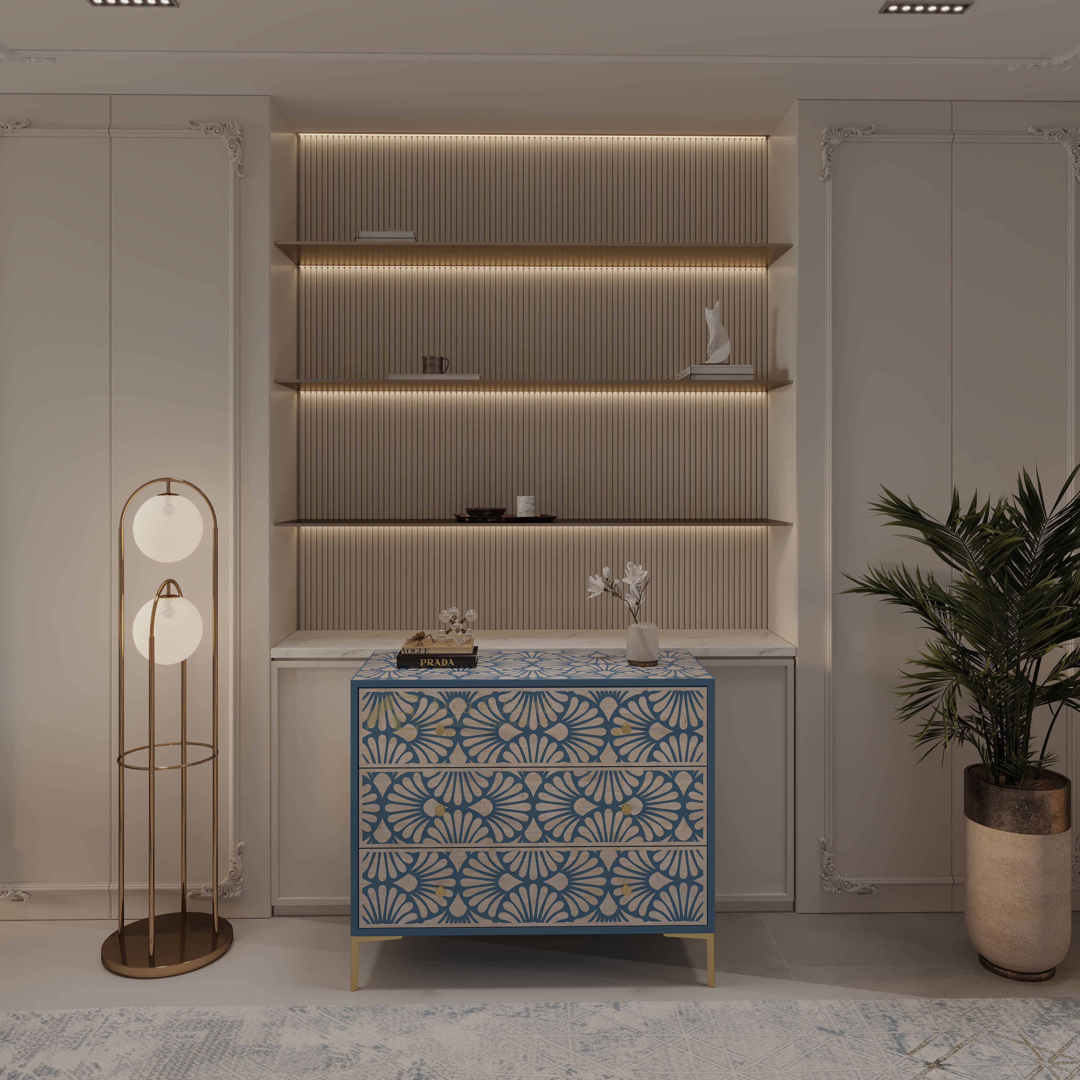 Bone inlay blue chest of drawers with geometric floral patterns in a modern interior setting.