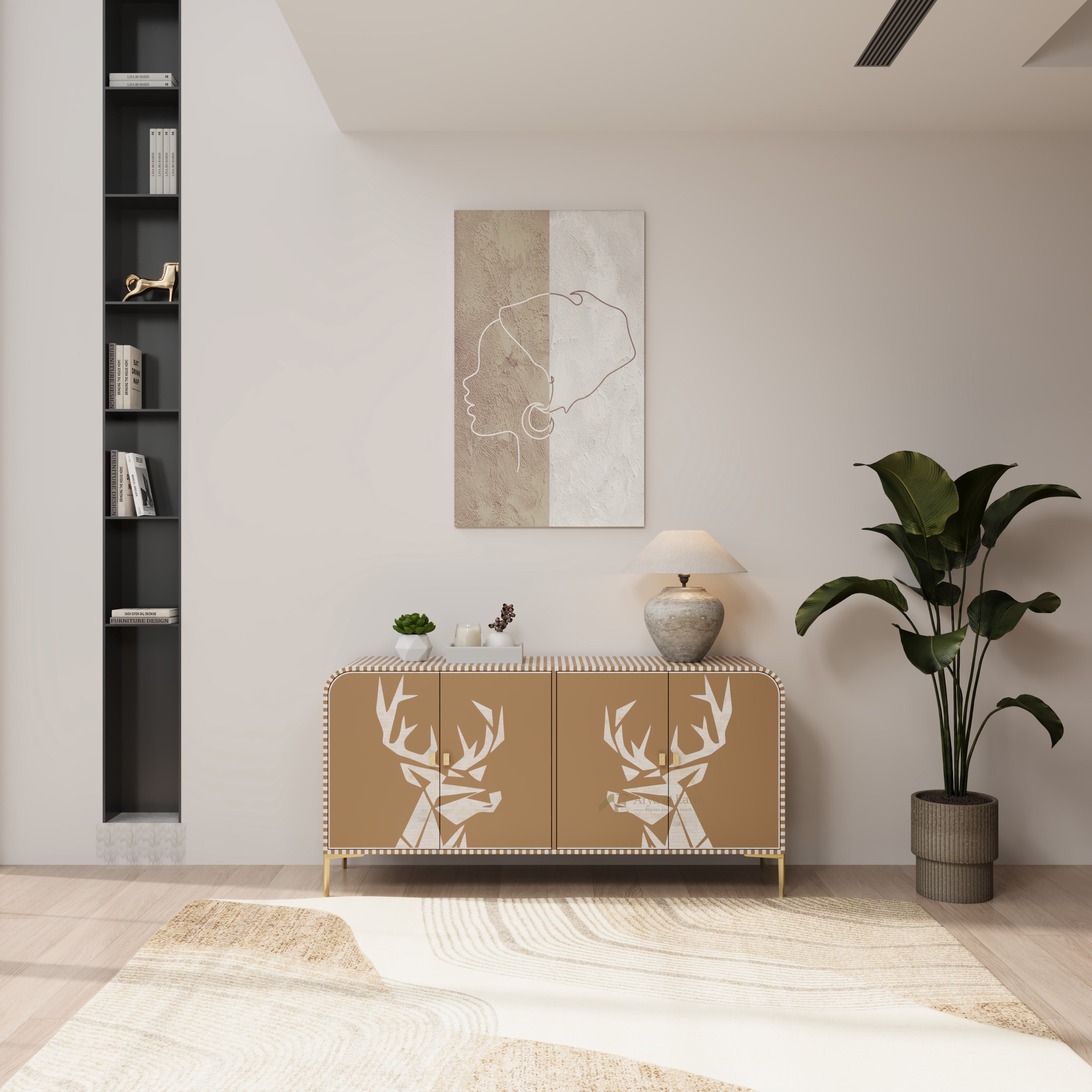 Modern interior with a bone inlay sideboard cabinet featuring deer designs, a plant, and wall art.