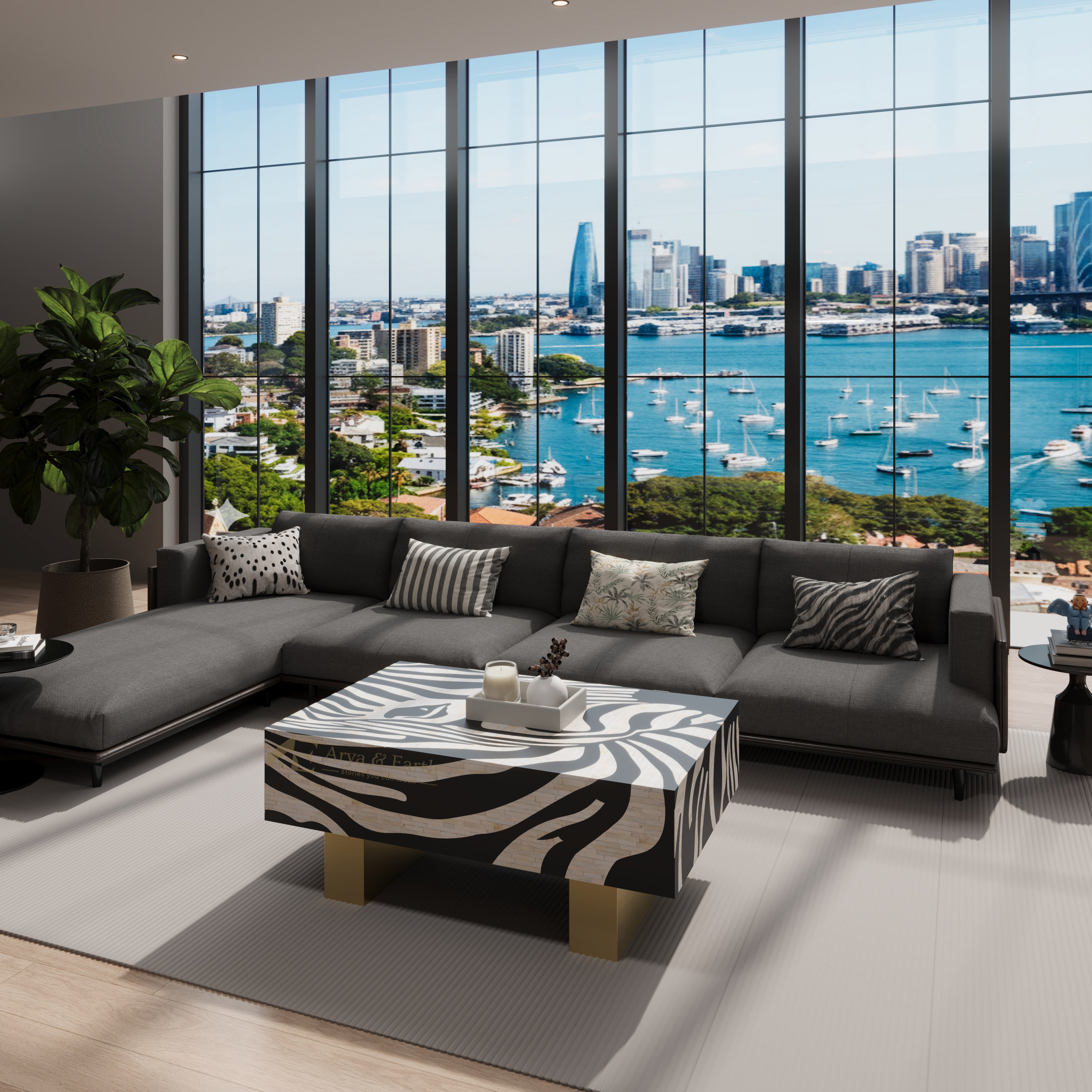 Luxury living room with a large sectional sofa and zebra-patterned bone inlay coffee table, featuring a cityscape view through large windows.