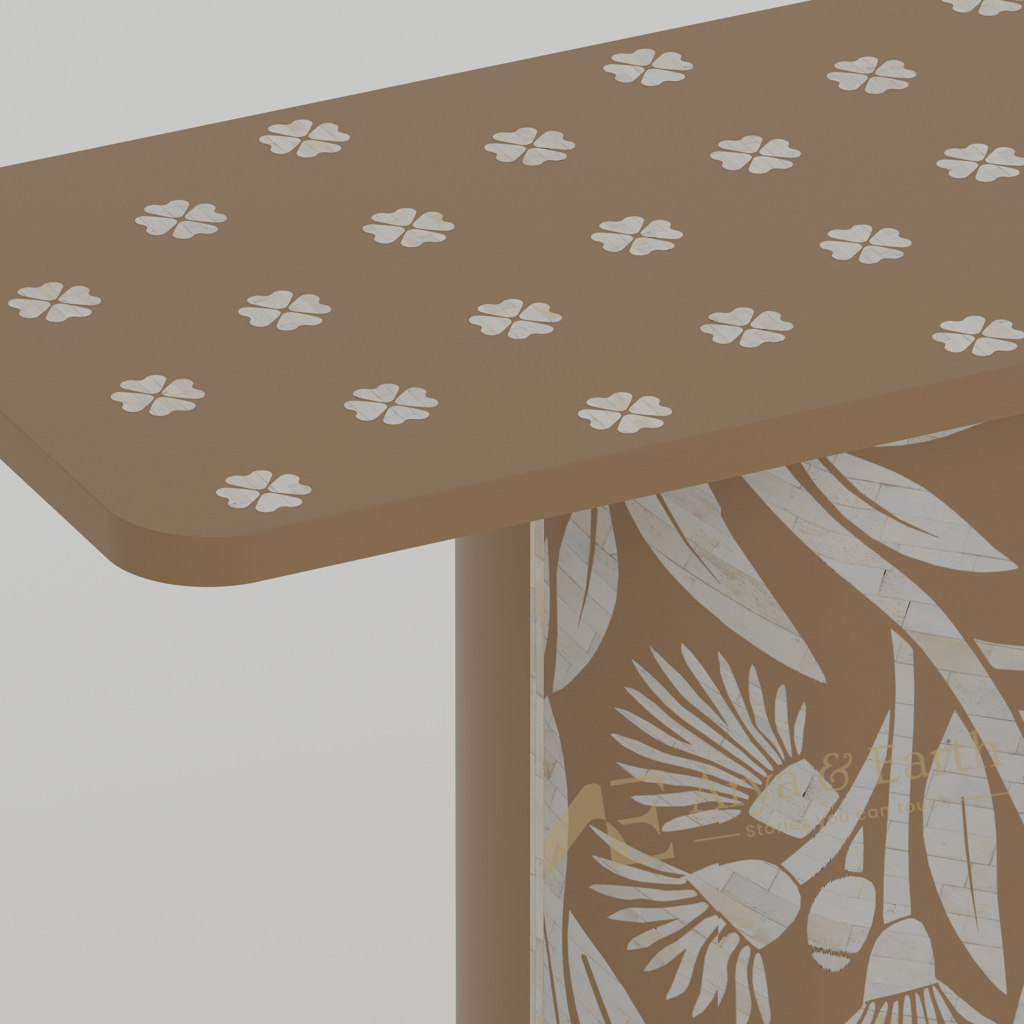 closeup of the bone inlay console table