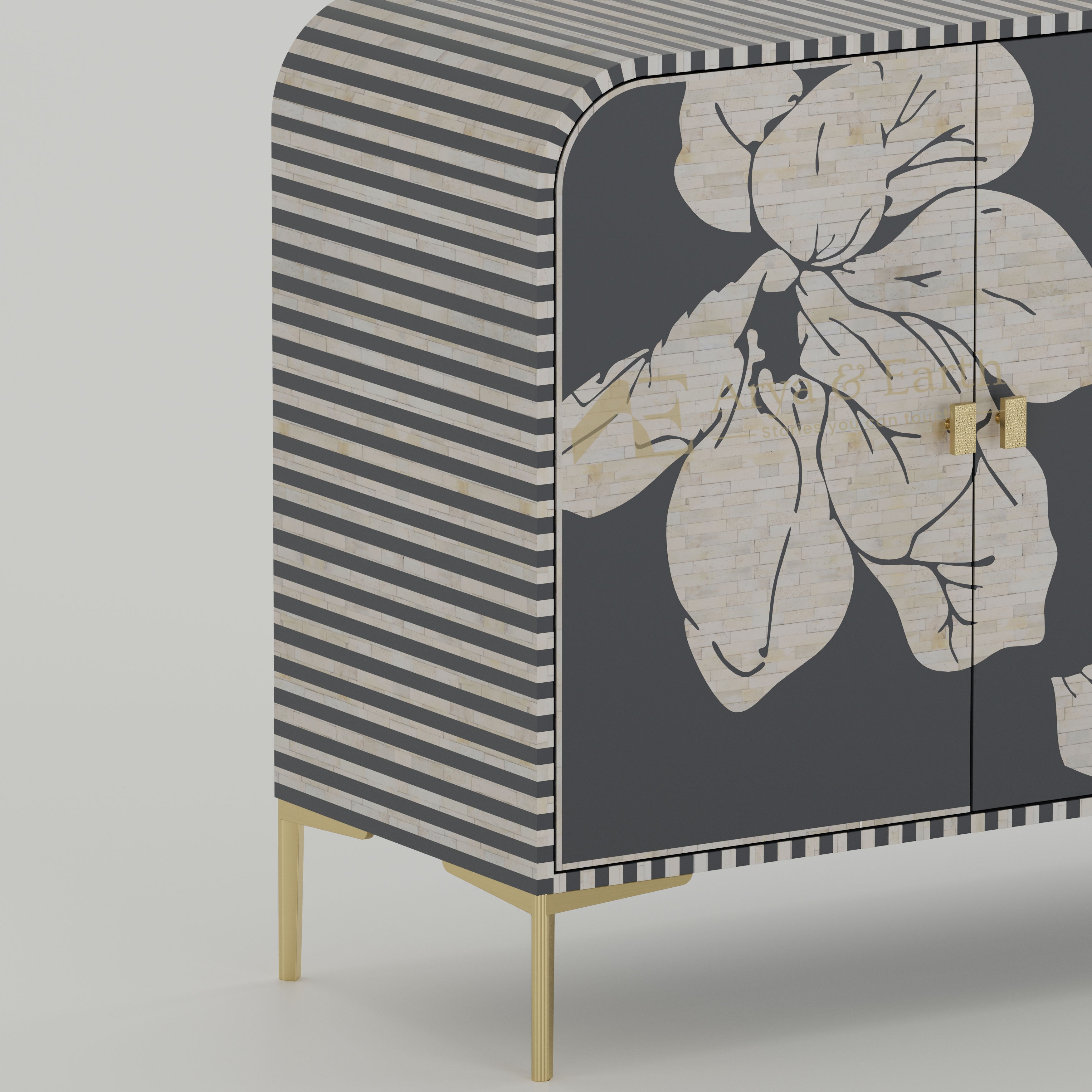Closeup of Bone inlay texture on a grey cabinet with stripe design