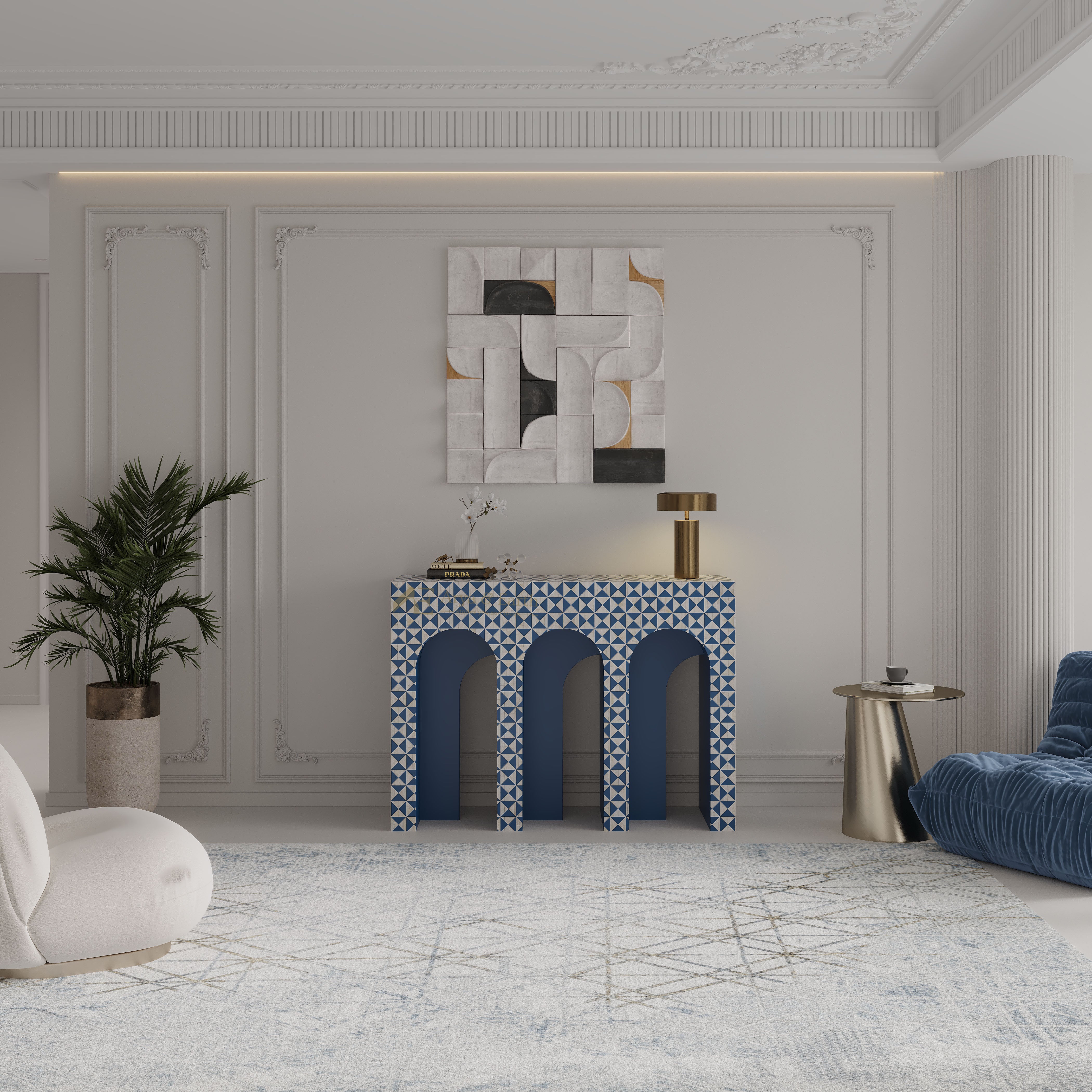 Modern living room with a blue geometric console console table, abstract wall art, and stylish furniture.
