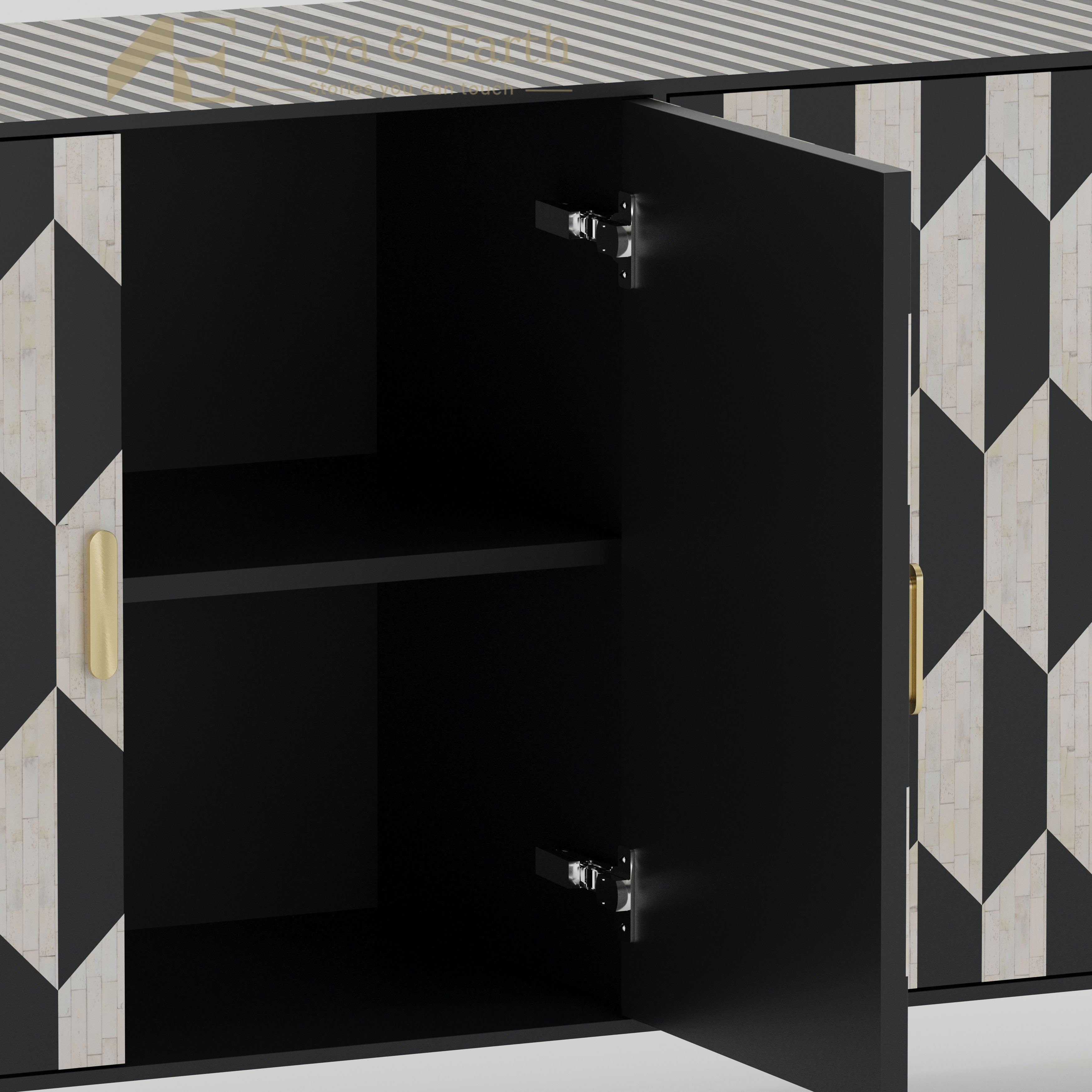internal shelf of a black and white cabinet