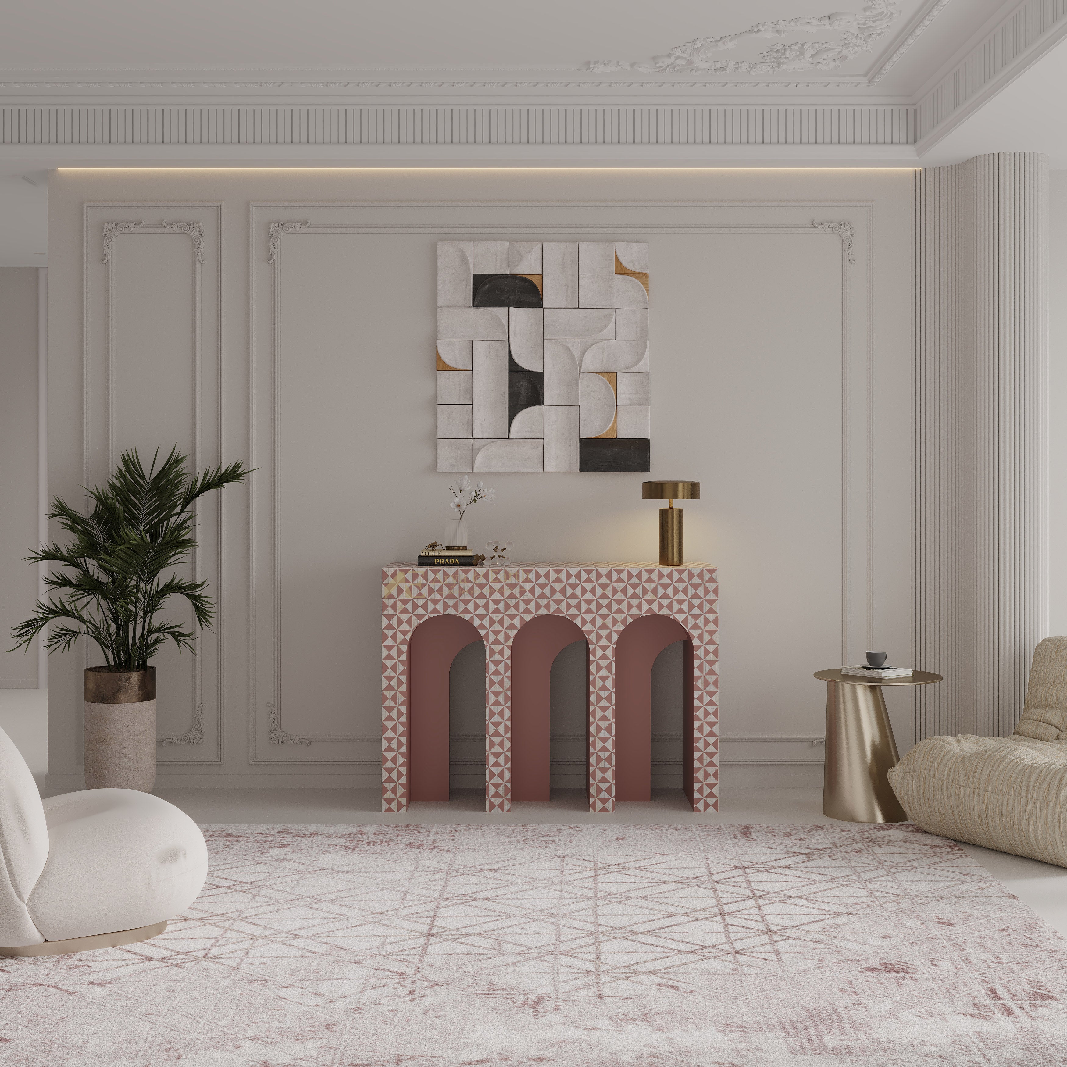 Modern interior design with a patterned console table, abstract wall art, and decorative elements.
