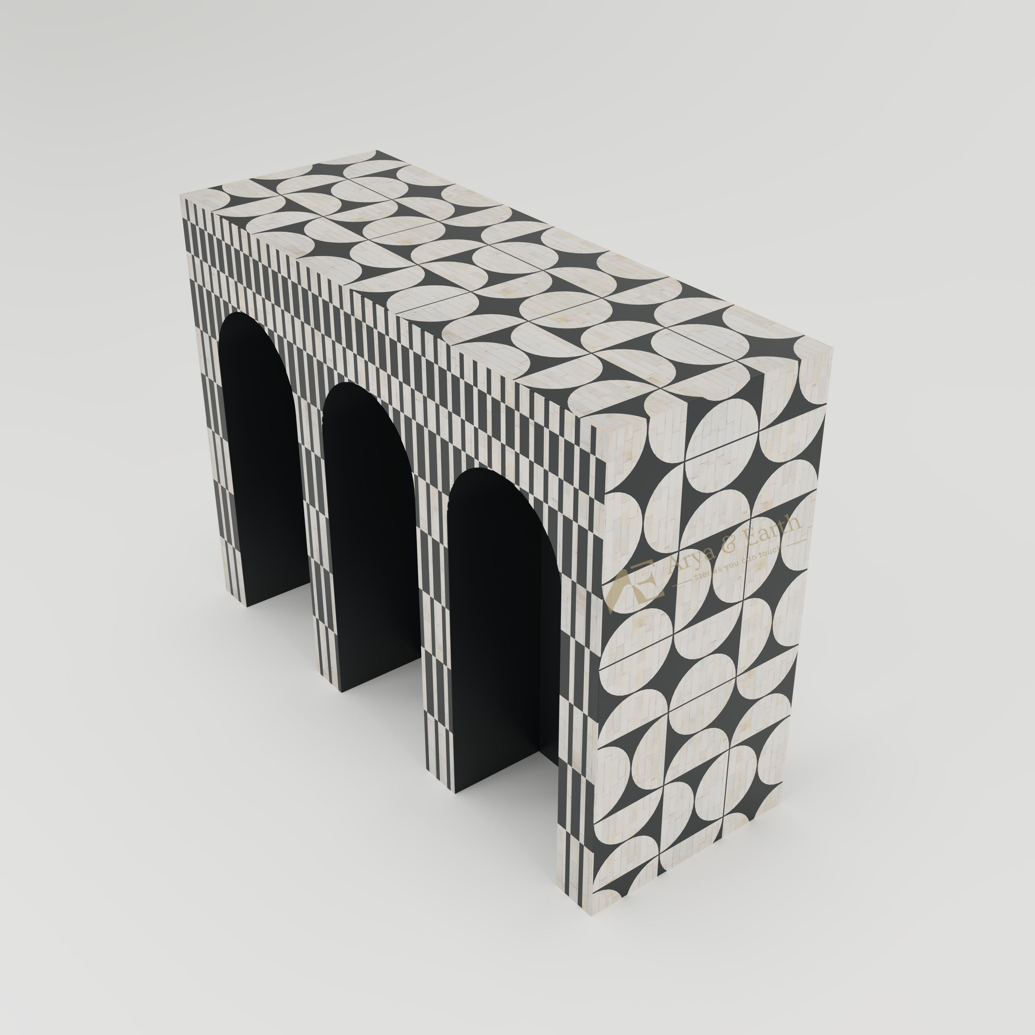 hallway table with black and white half circle pattern