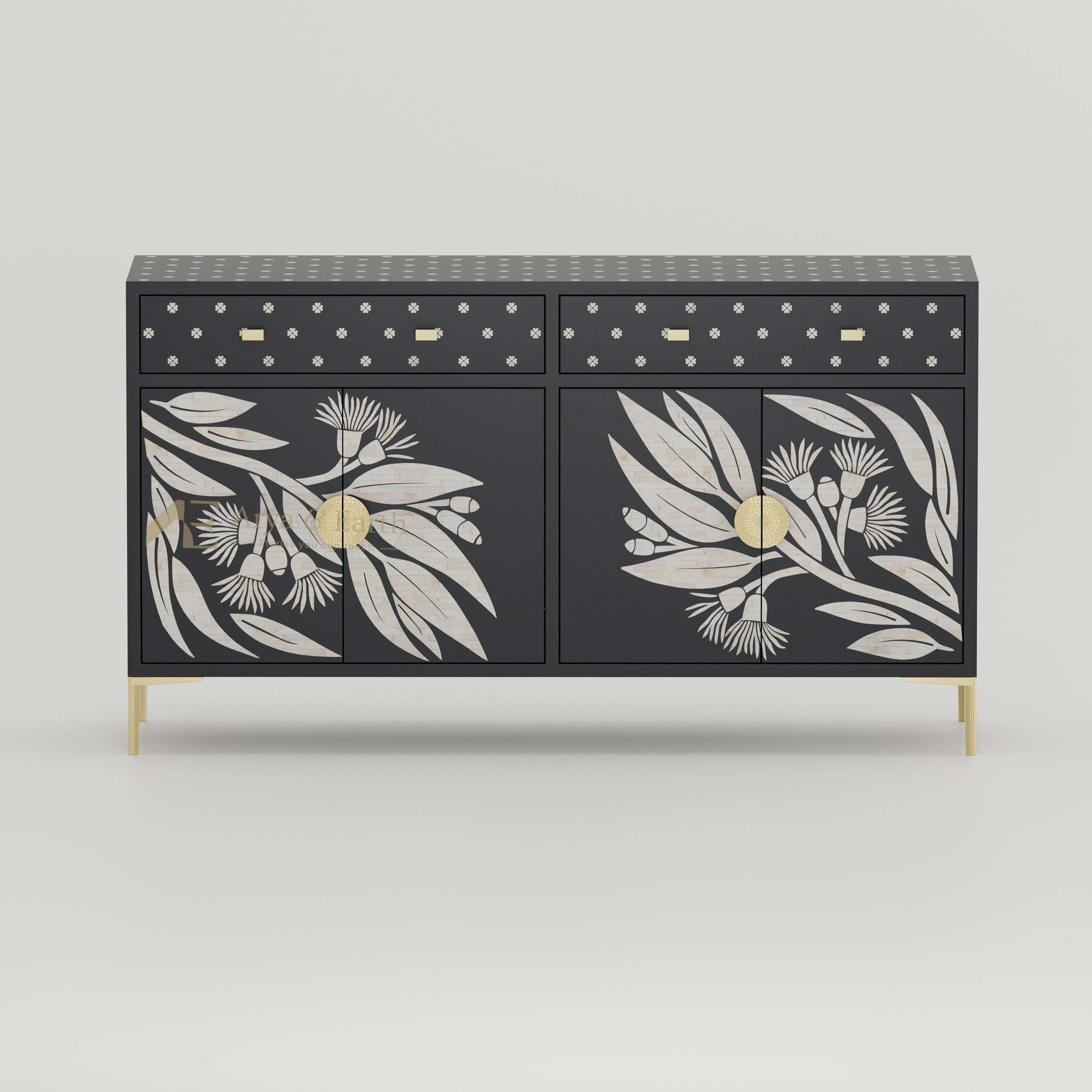 Bone Inlay Black buffet cabinet with floral designs and gold accents