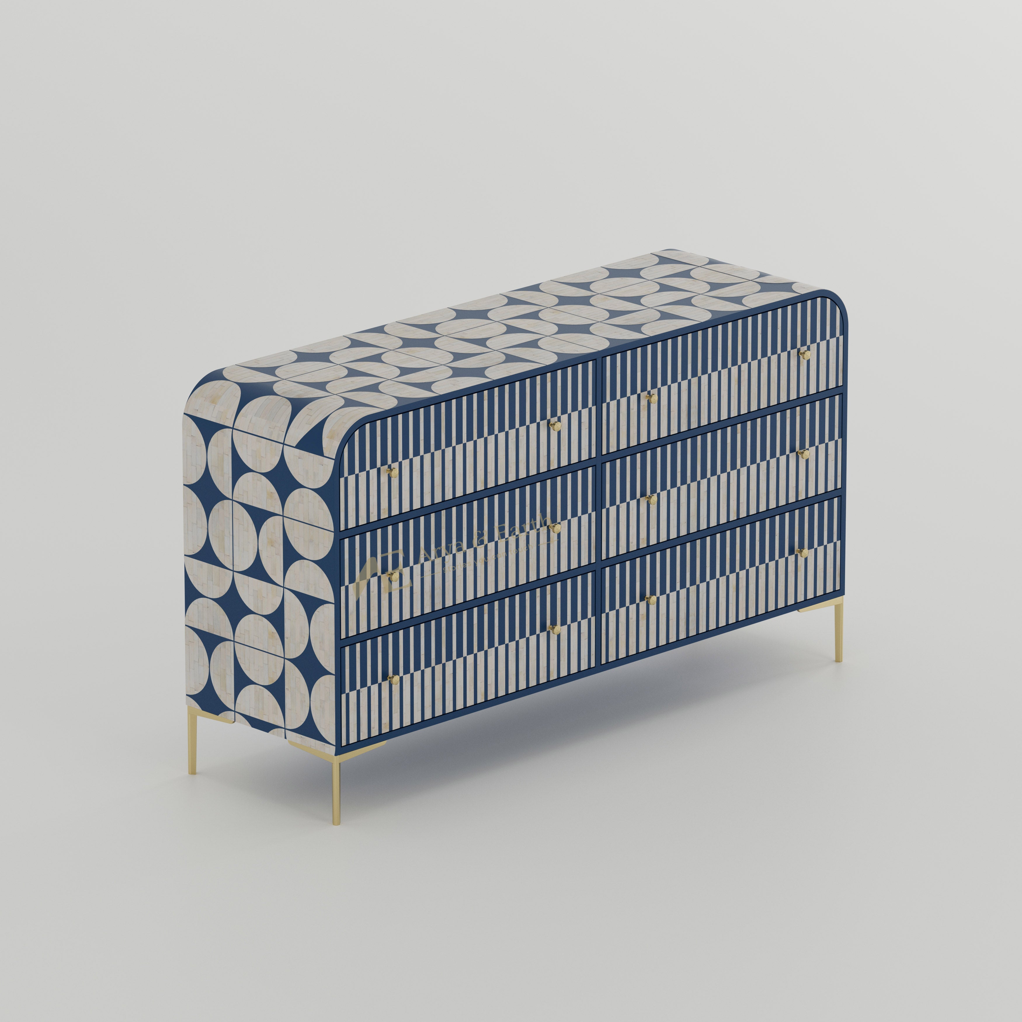 Cabinet with blue and white pattern bone inlay