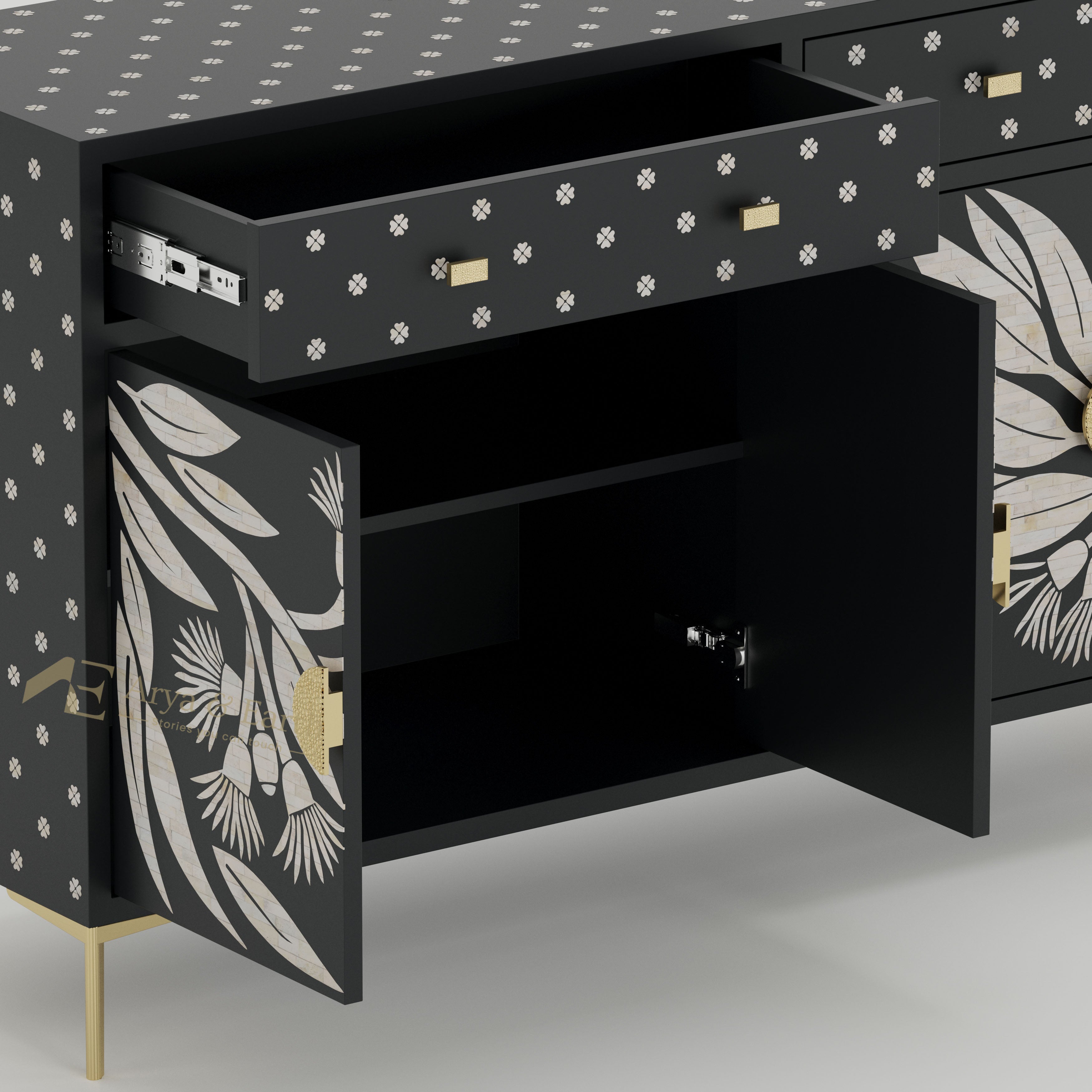 Bone inlay Black cabinet with floral patterns open drawer and shelves.