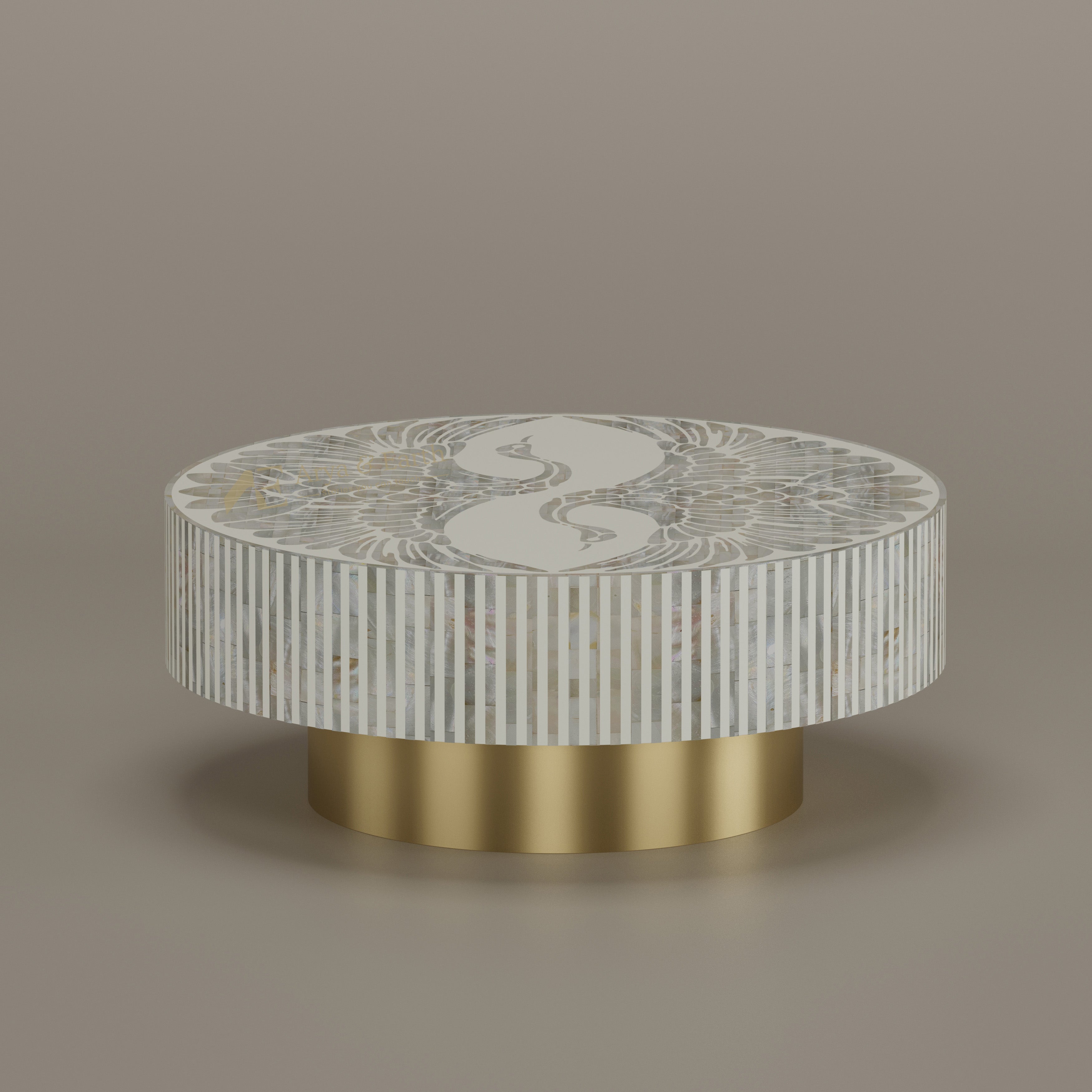 Mother of pearl inlay white round coffee table with phoenix design