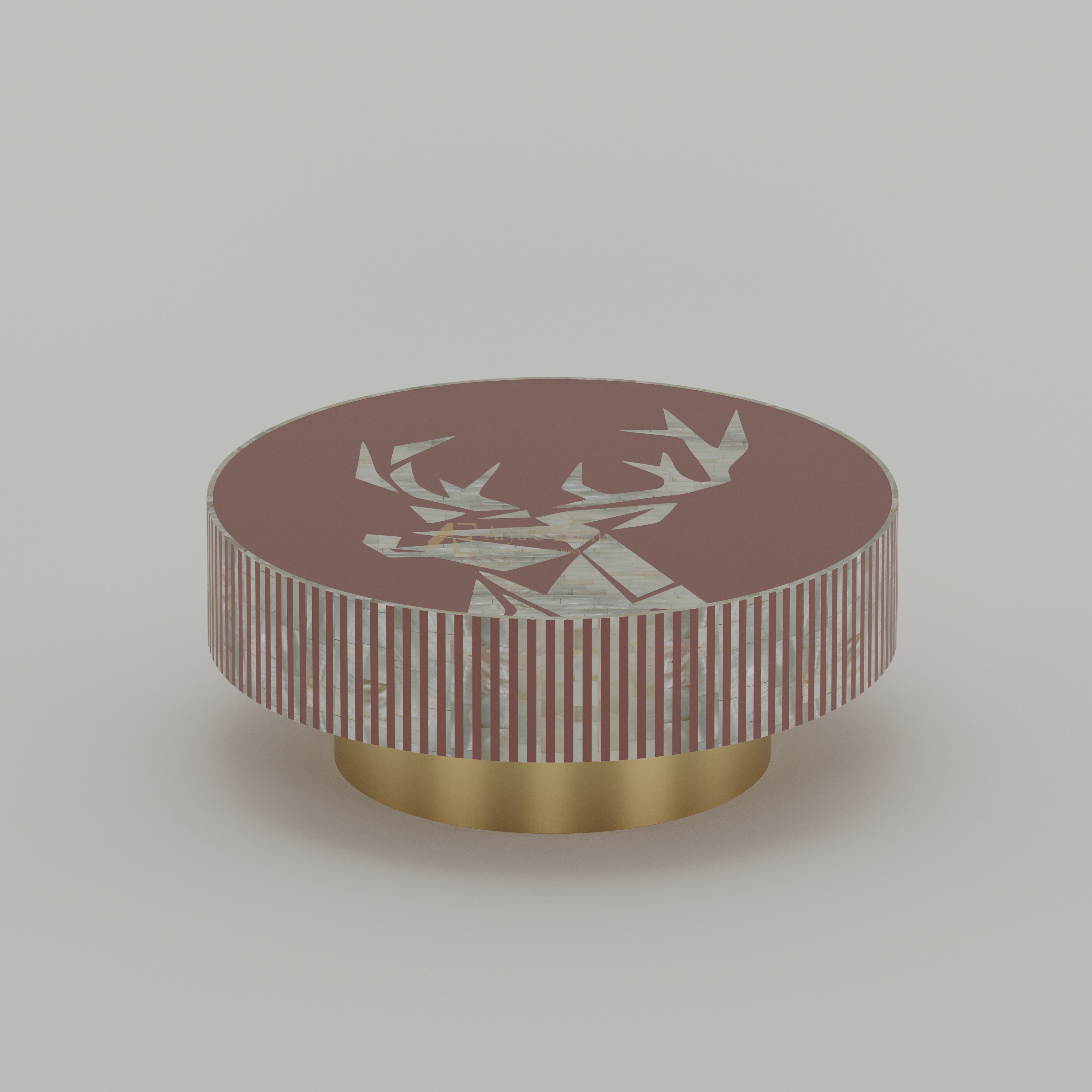 Mother of pearl inlay round table with deer and stripe design and golden base