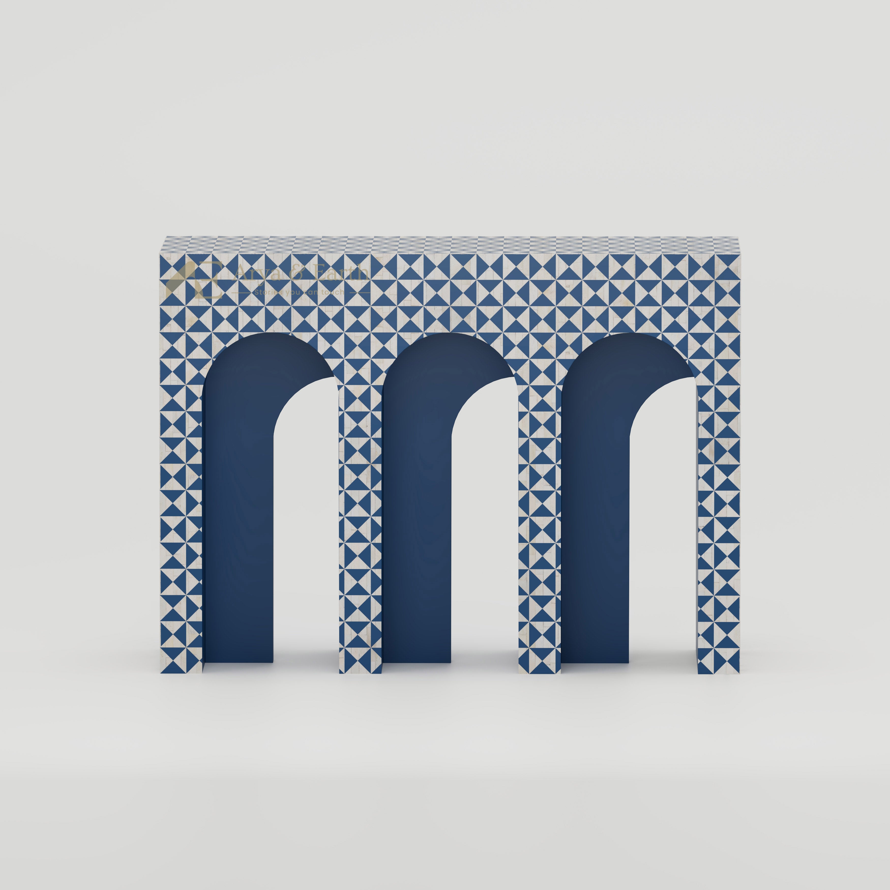 Bone Inlay arched console table with blue and white art deco style geometric pattern