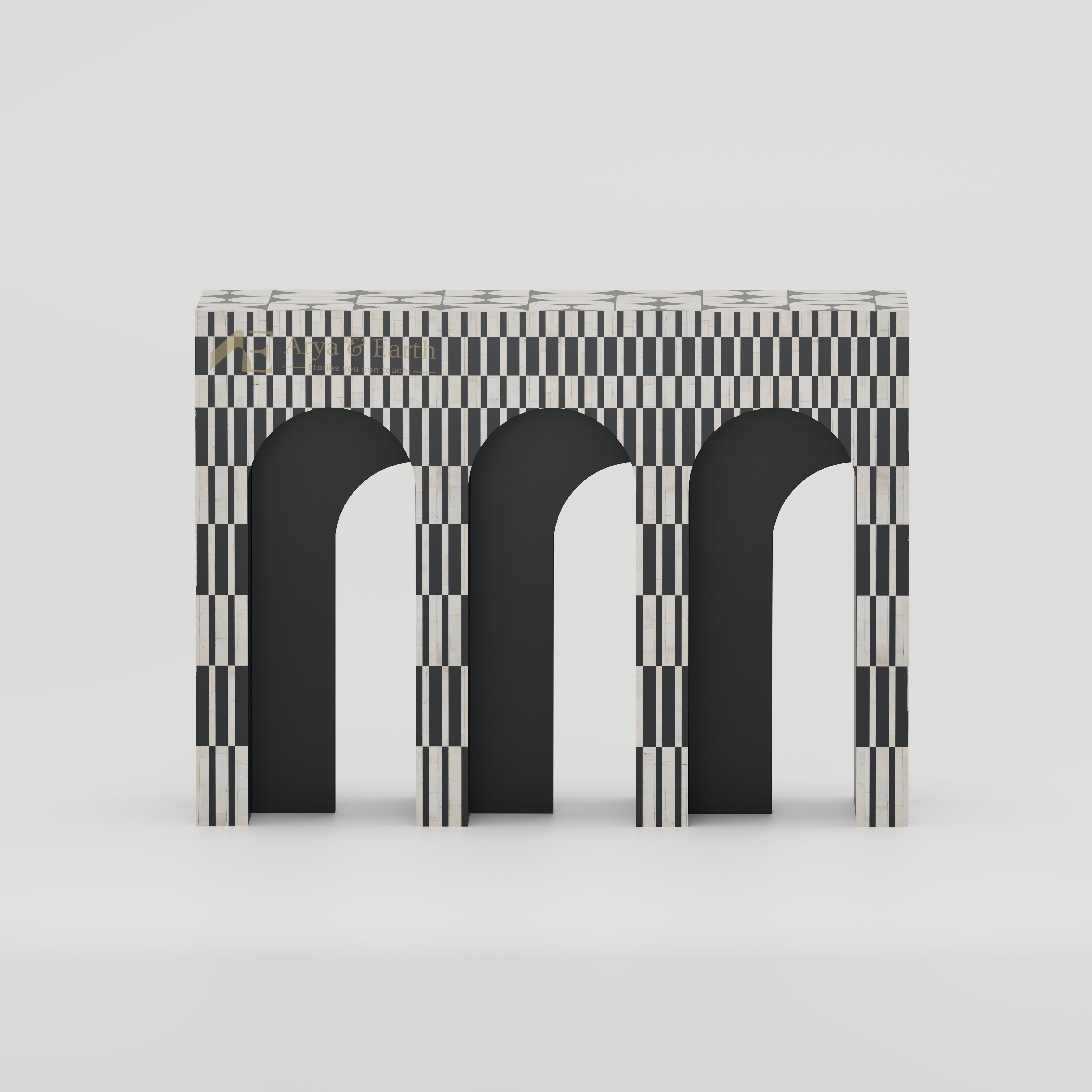 Black and white console table with arches with geometric pattern