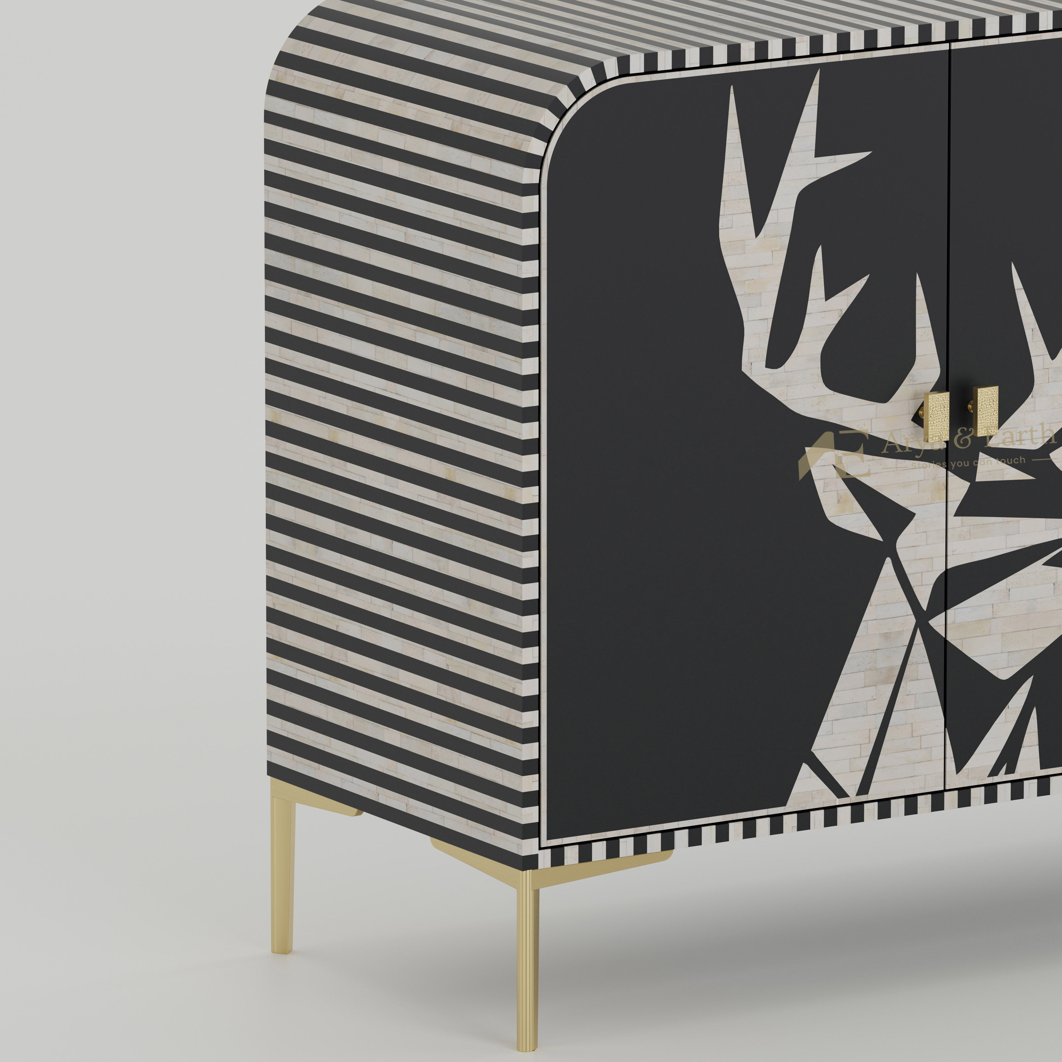 Closeup of Bone inlay texture on a black and white cabinet with stripe design