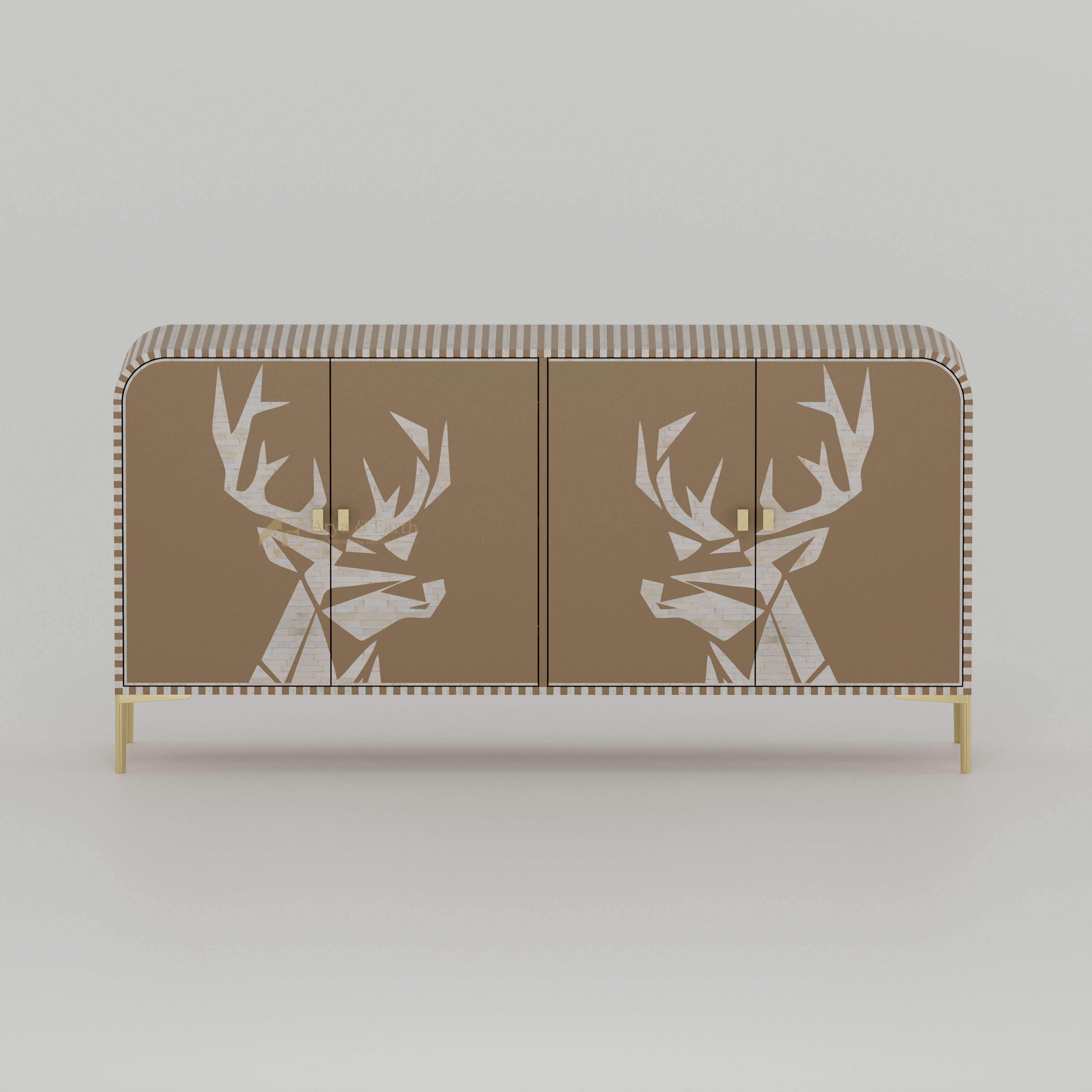 Bone inlay buffet Cabinet with deer head design on a beige background