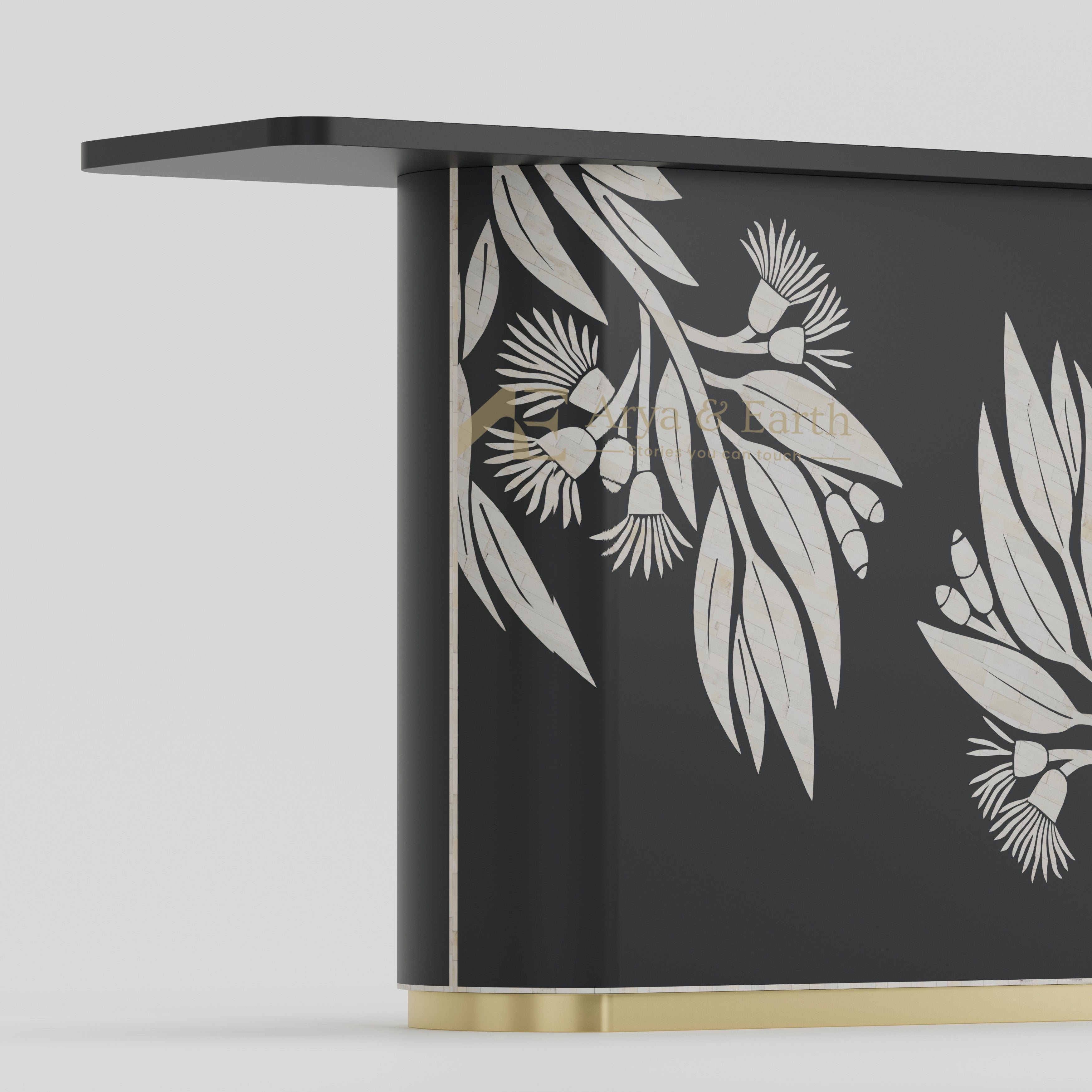 Close up of Bone Inlay Black console table with white floral pattern