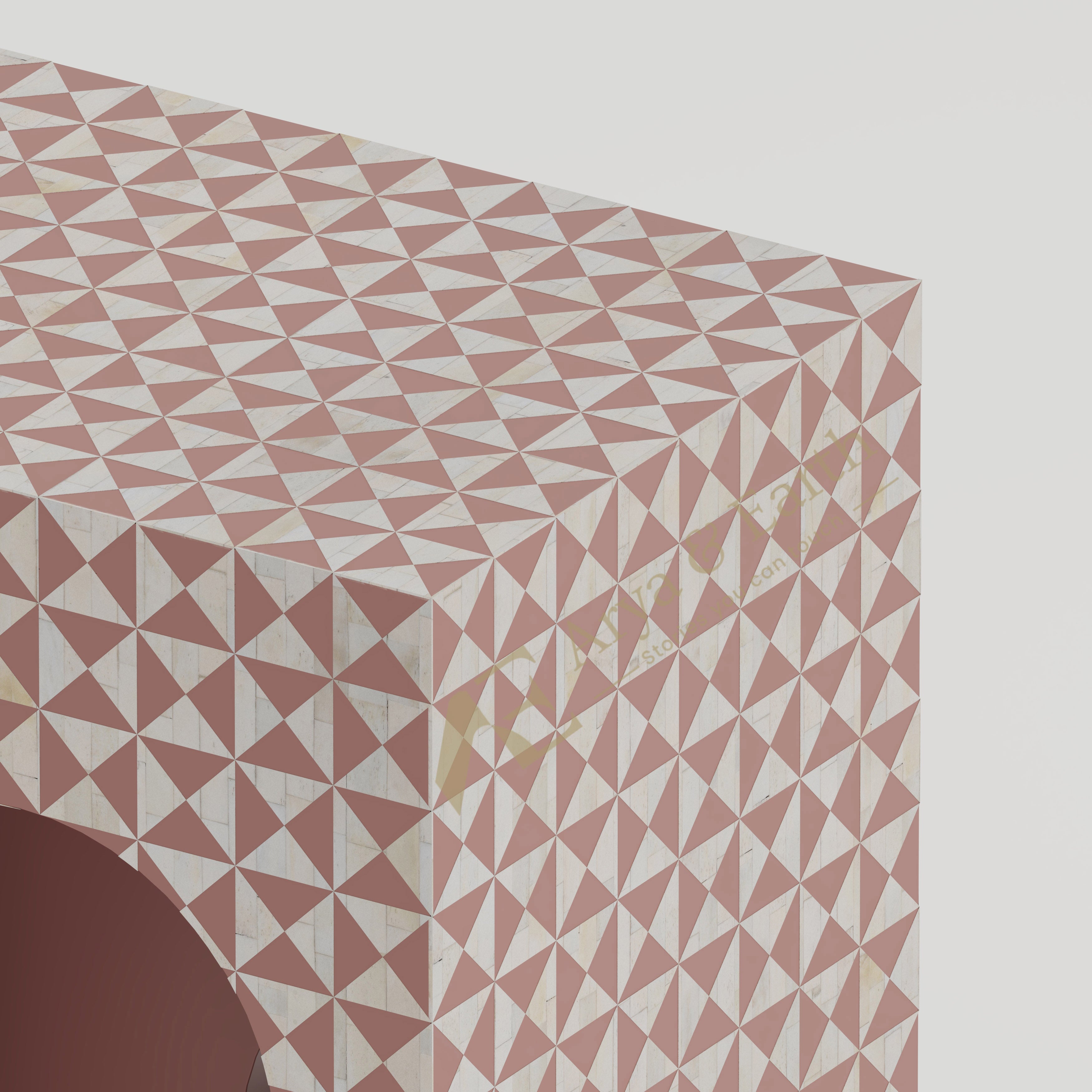 close up of the bone inlay geometric pattern on console table