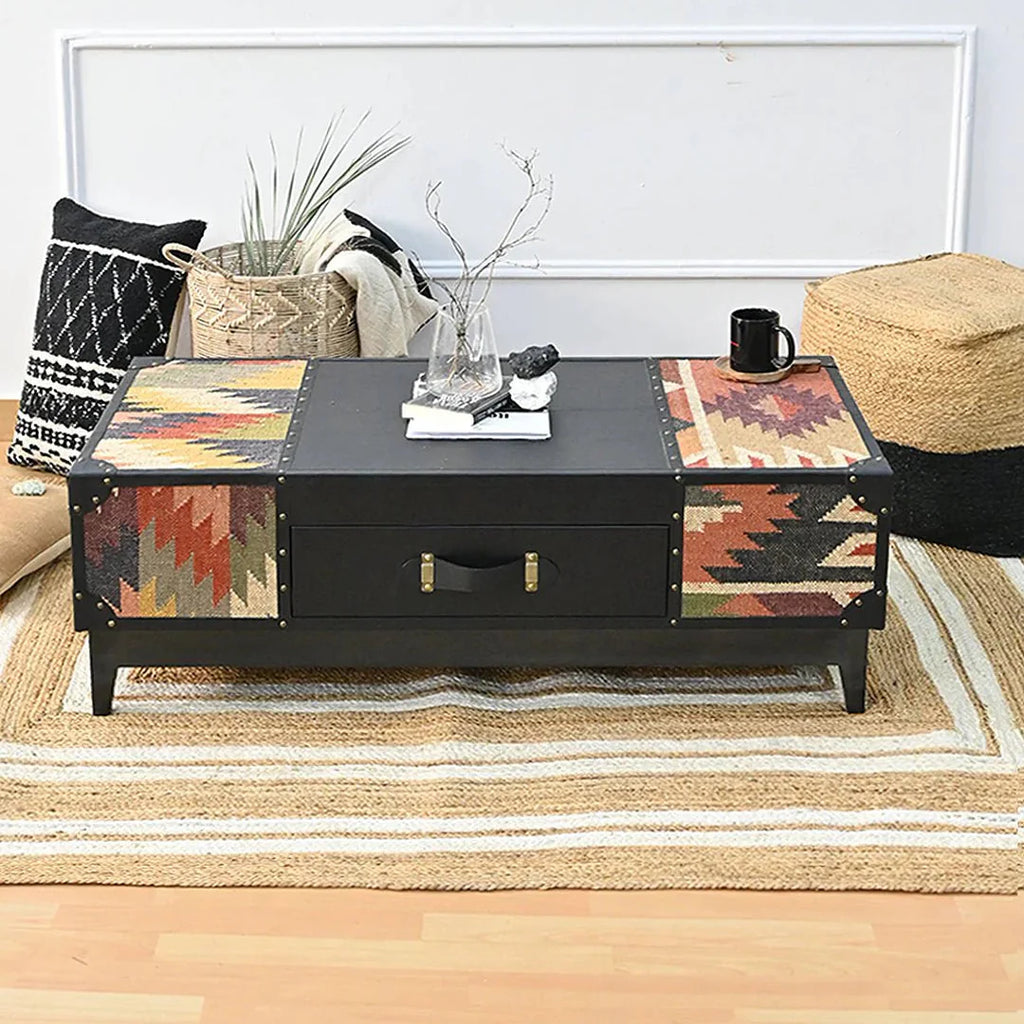 Decorative coffee table with geometric patterns in a living room setting