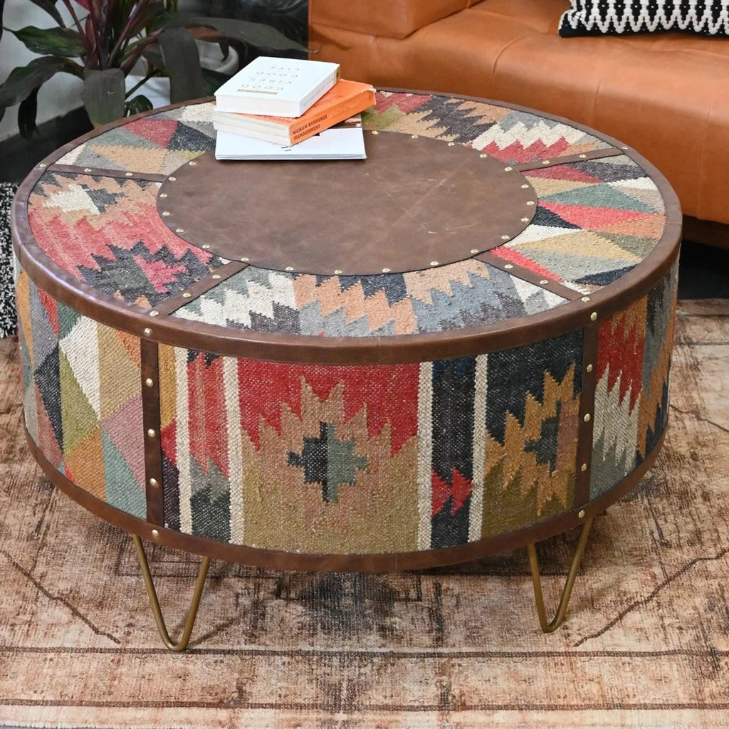 Round kilim and leather coffee table with wrought iron stand