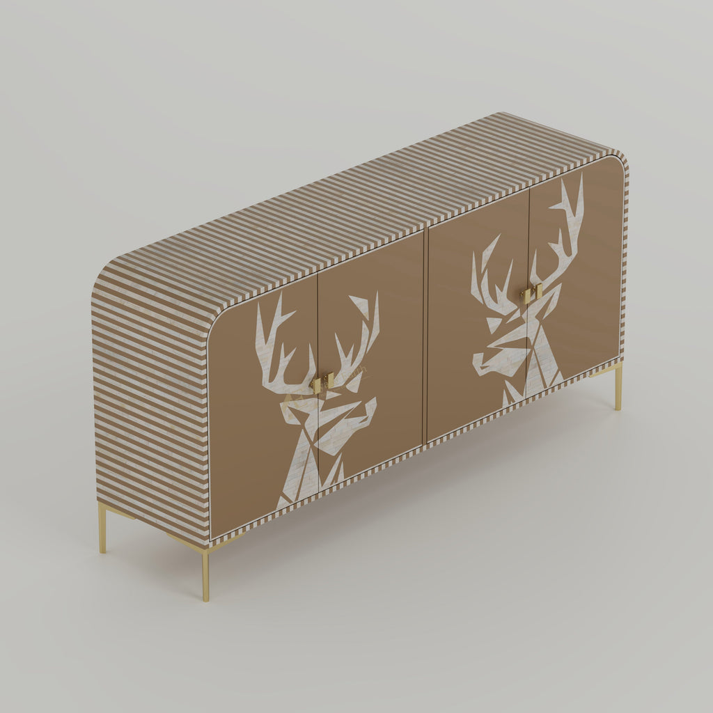 Bone inlay handmade Cabinet with deer head and stripe design, gold accents