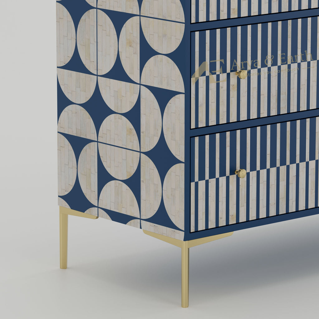 Blue and white geometric patterned dresser with gold accents 