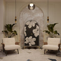 black floral  bone inlay cabinet in a cozy lounge room