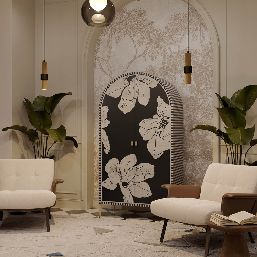 black floral  bone inlay cabinet  with gold accents in a cozy living room