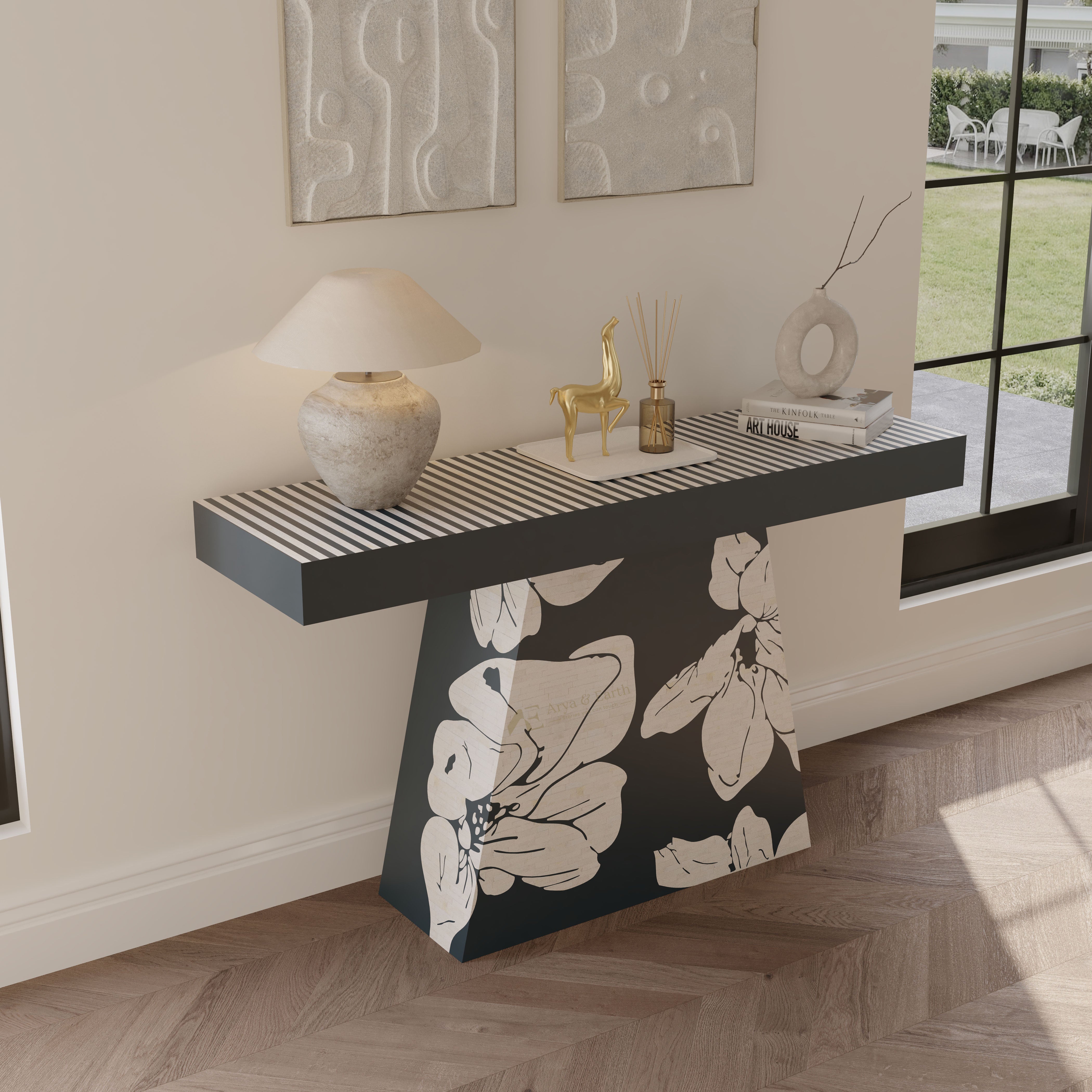 Bone inlay floral & stripe patterned hallway table in a modern living room setting