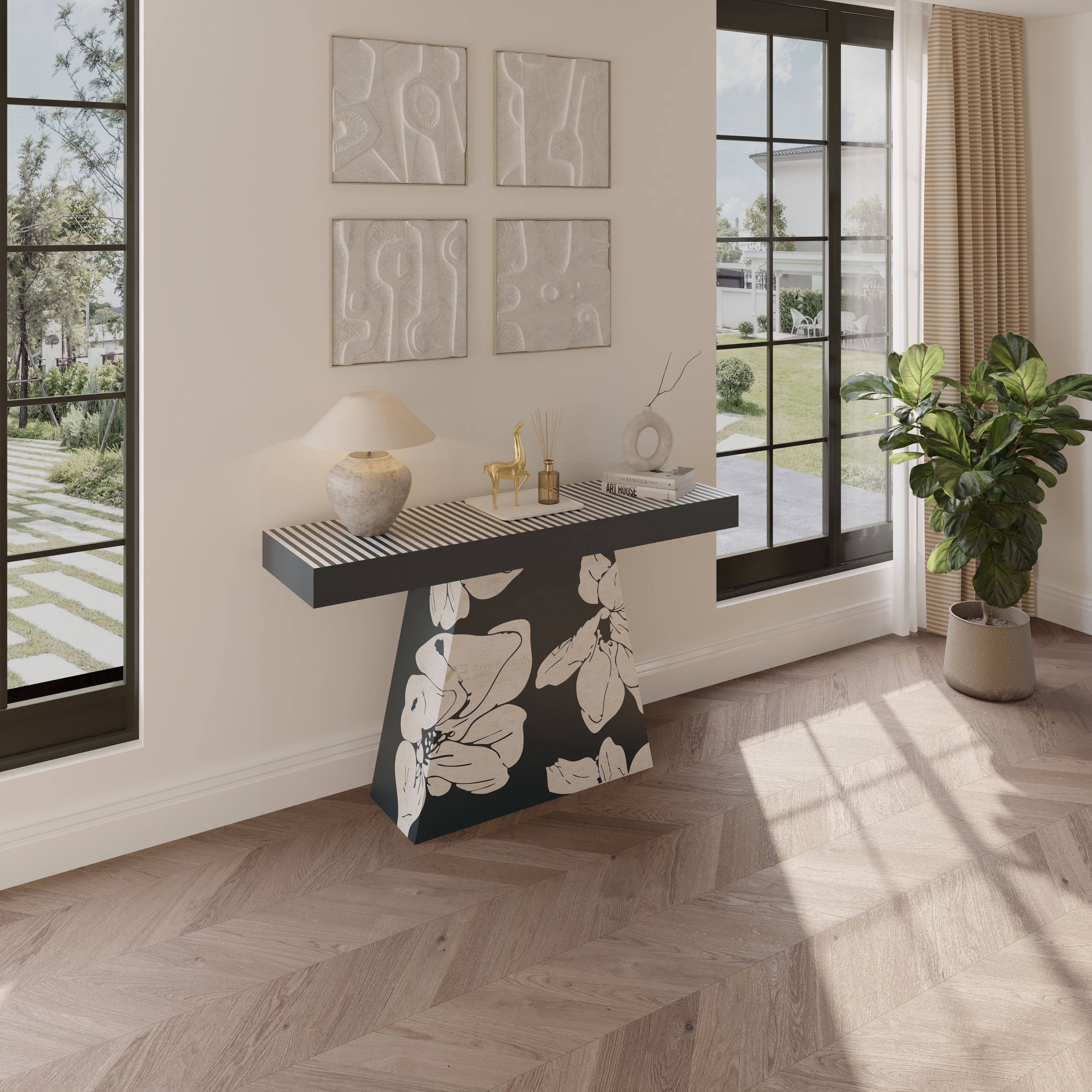 Luxury bone inlay console table with floral design in a bright room with large windows.