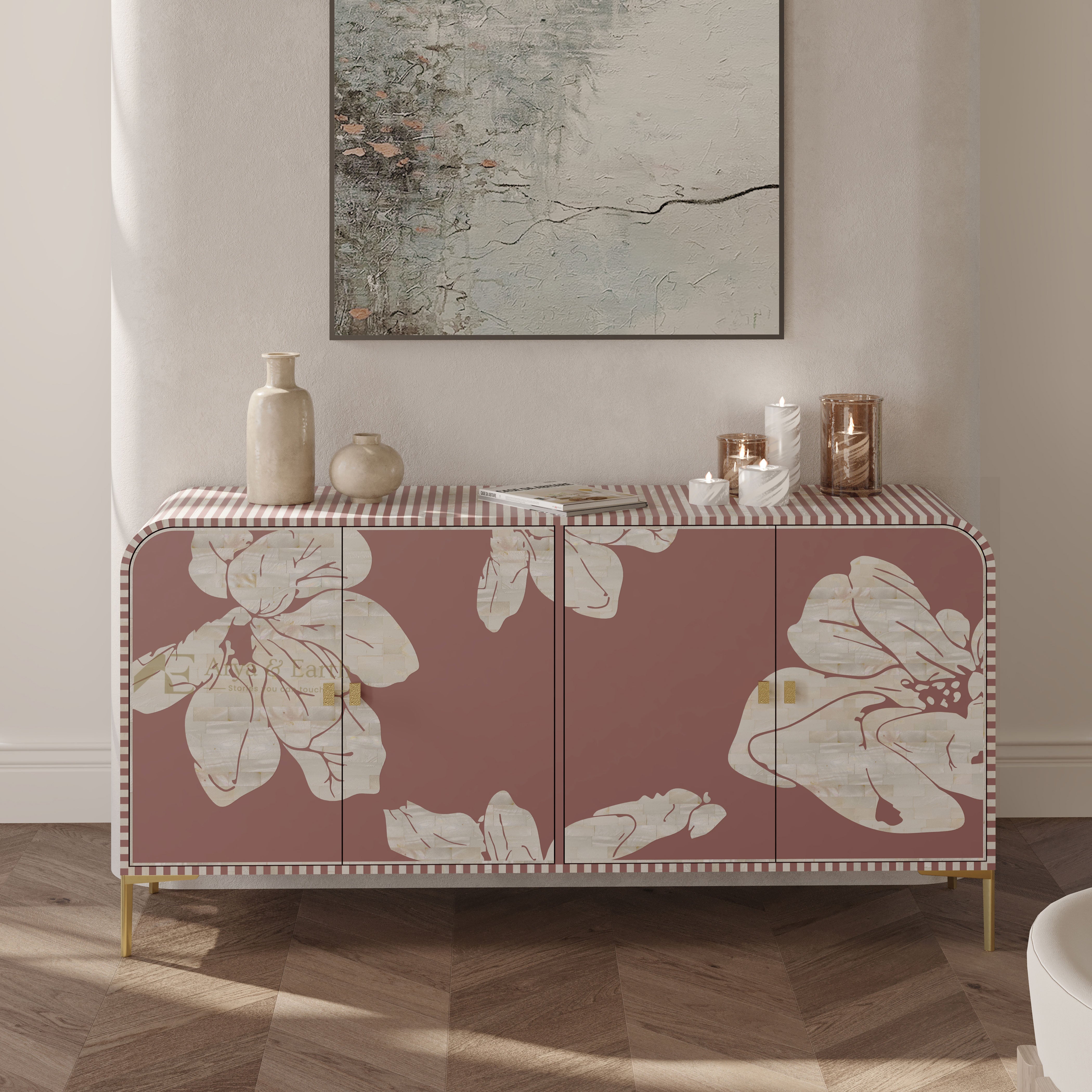 Floral-patterned mother of pearl inlay sideboard in a room with decor elements
