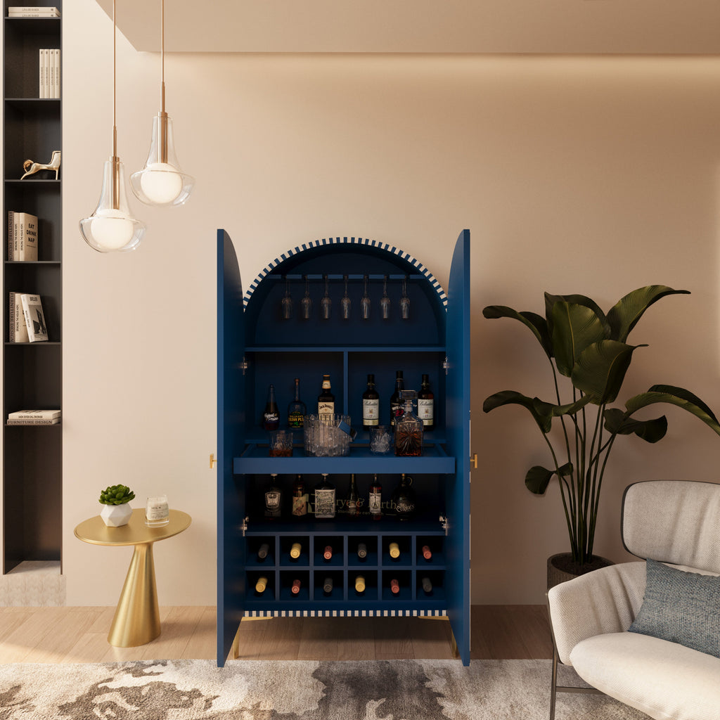 blue bar cabinet interior with extendable shelf, wine glass rack and wine bottle storage 