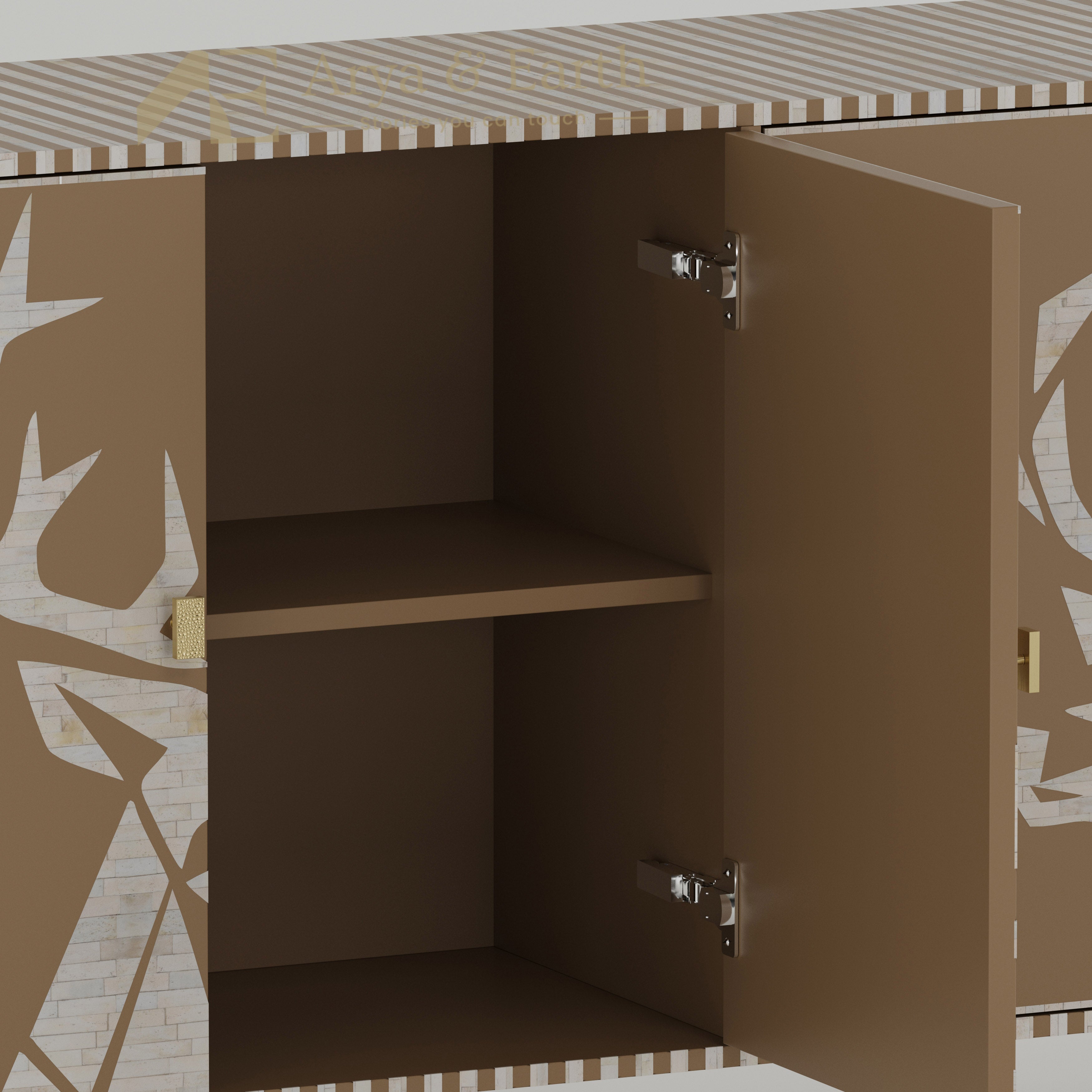 Closeup of Bone inlay texture on a beige cabinet with stripe design