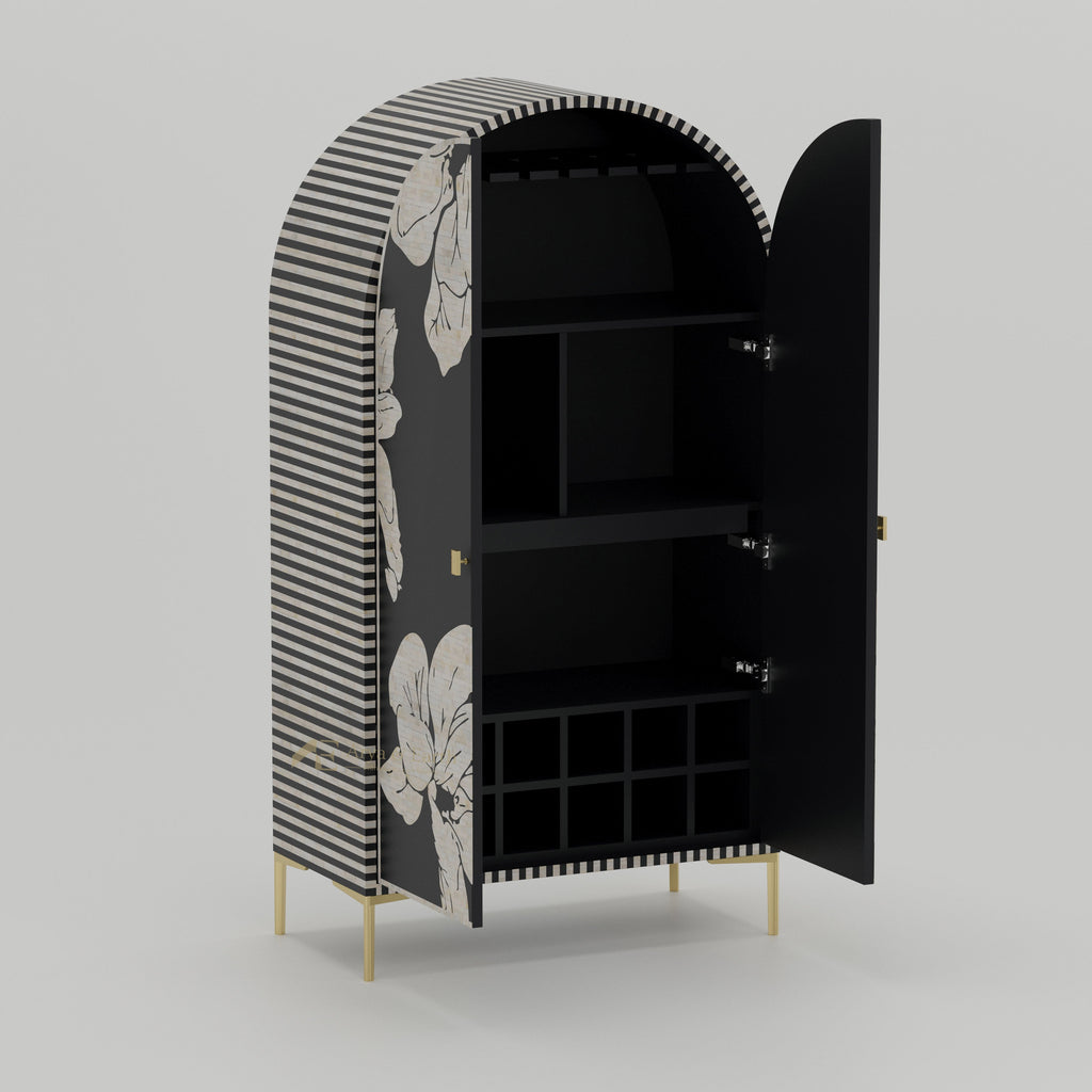 Black bar cabinet with wine glass rack and wine bottles storage