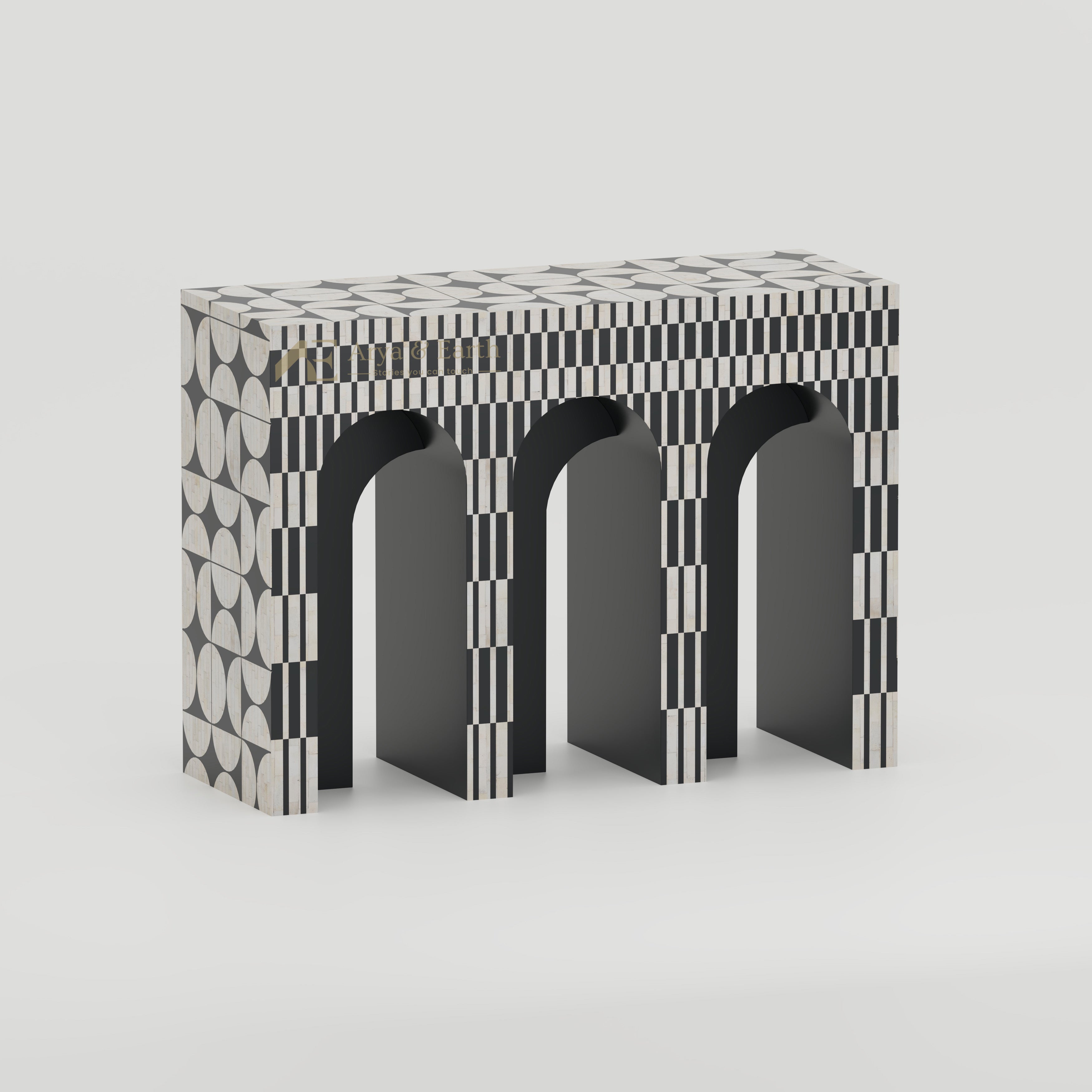 monochromatic bone inlay arch console table