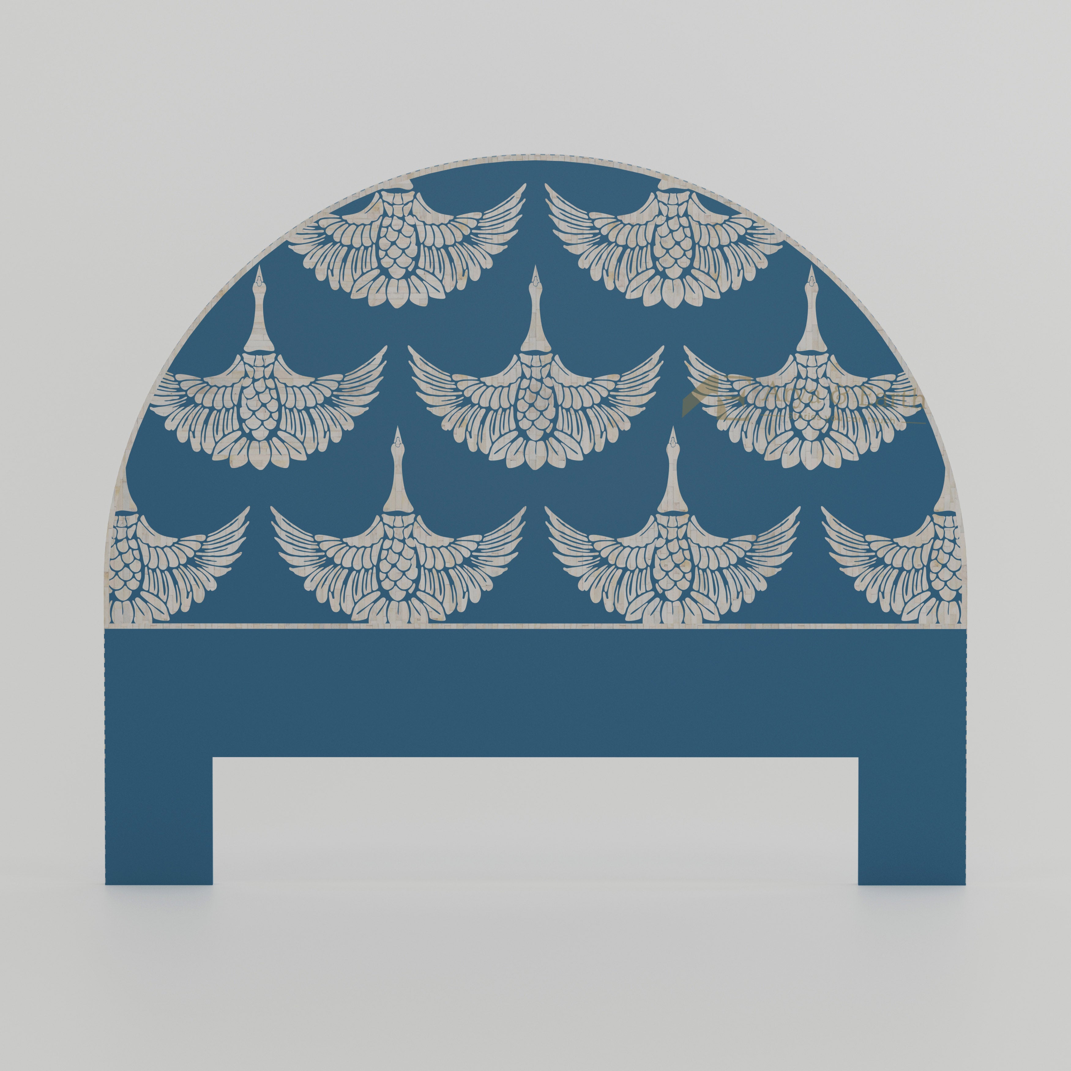 Decorative bone inlay headboard with winged pattern on a blue background