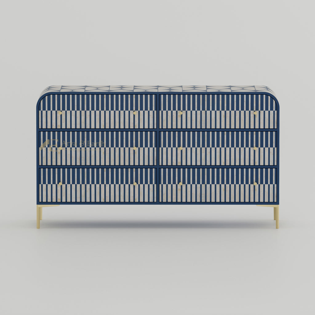 Blue and white patterned sideboard with gold legs 